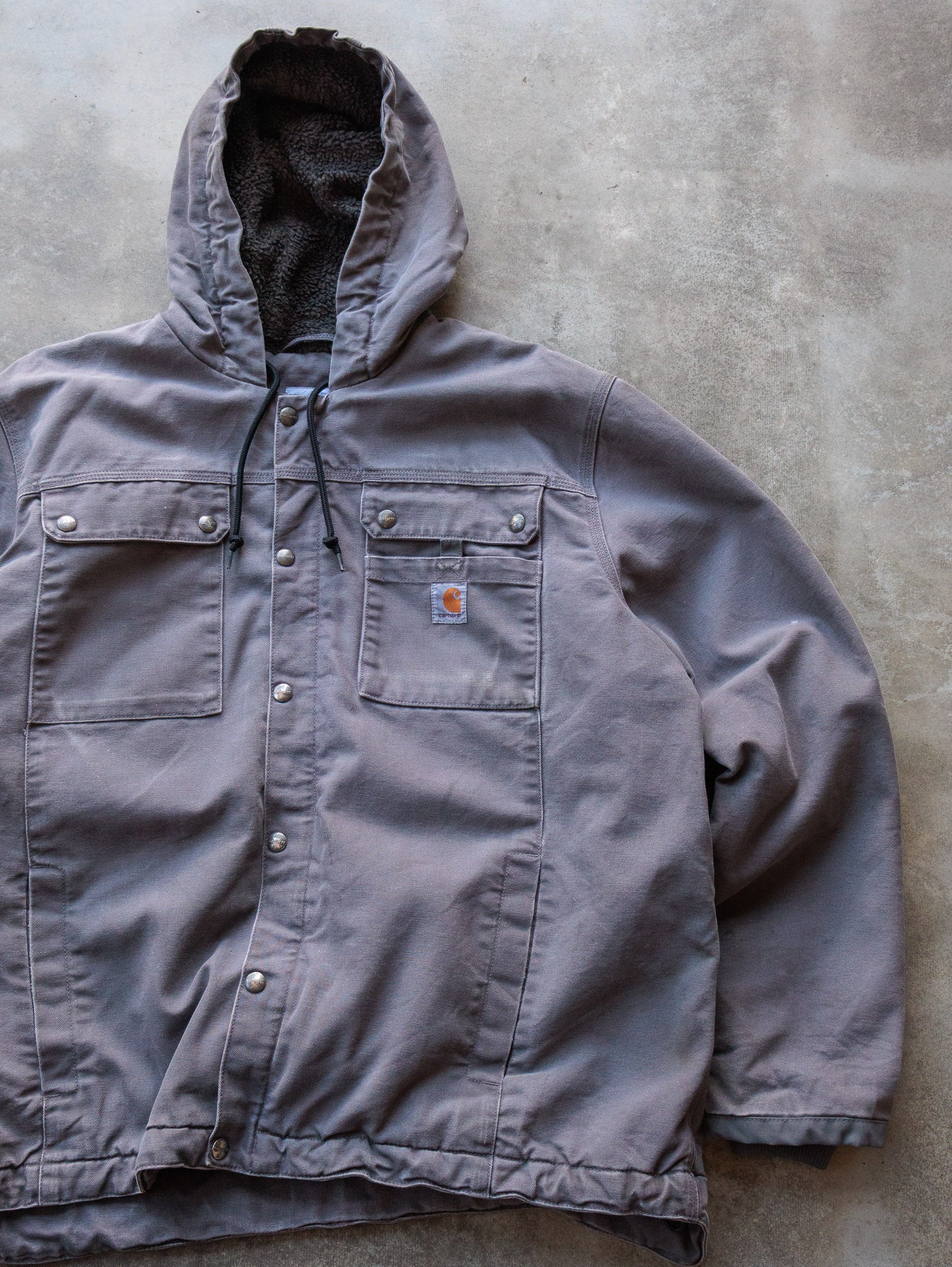 Vintage Grey Carhartt Sherpa Lined Hooded Jacket (XL)