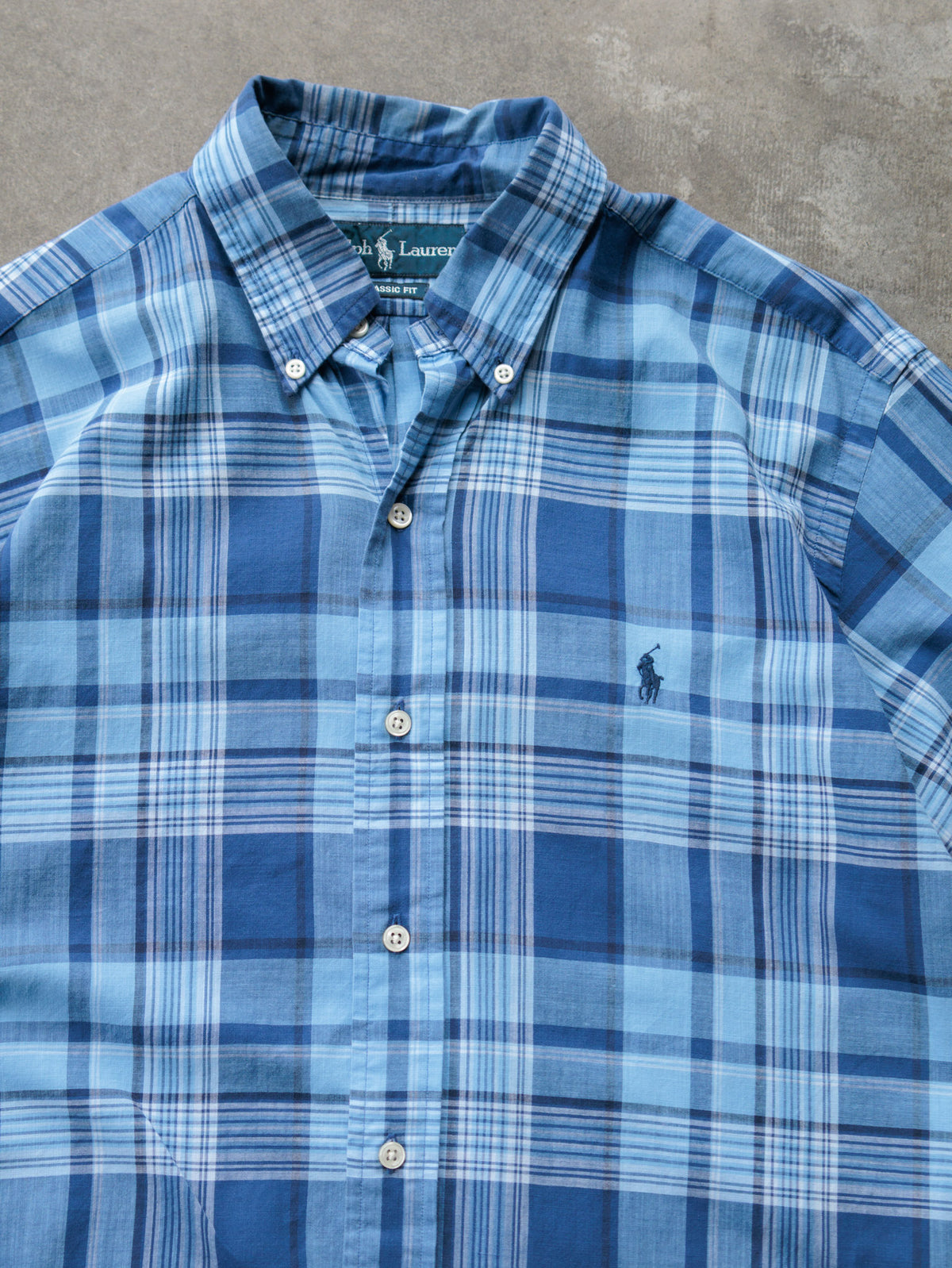 Vintage Blue Plaid Ralph Lauren Short Sleeve Shirt (M)