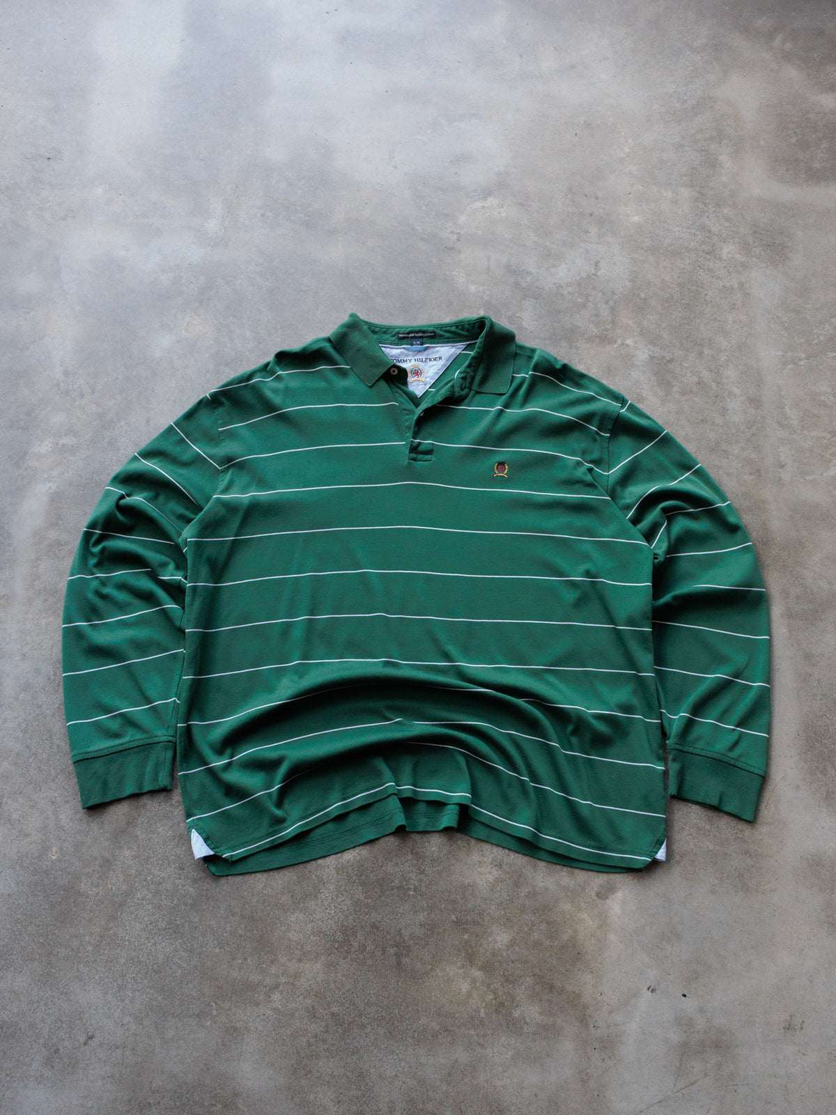 Vintage 00s Green Striped Tommy Hilfiger Long Sleeve Polo Shirt (XL)