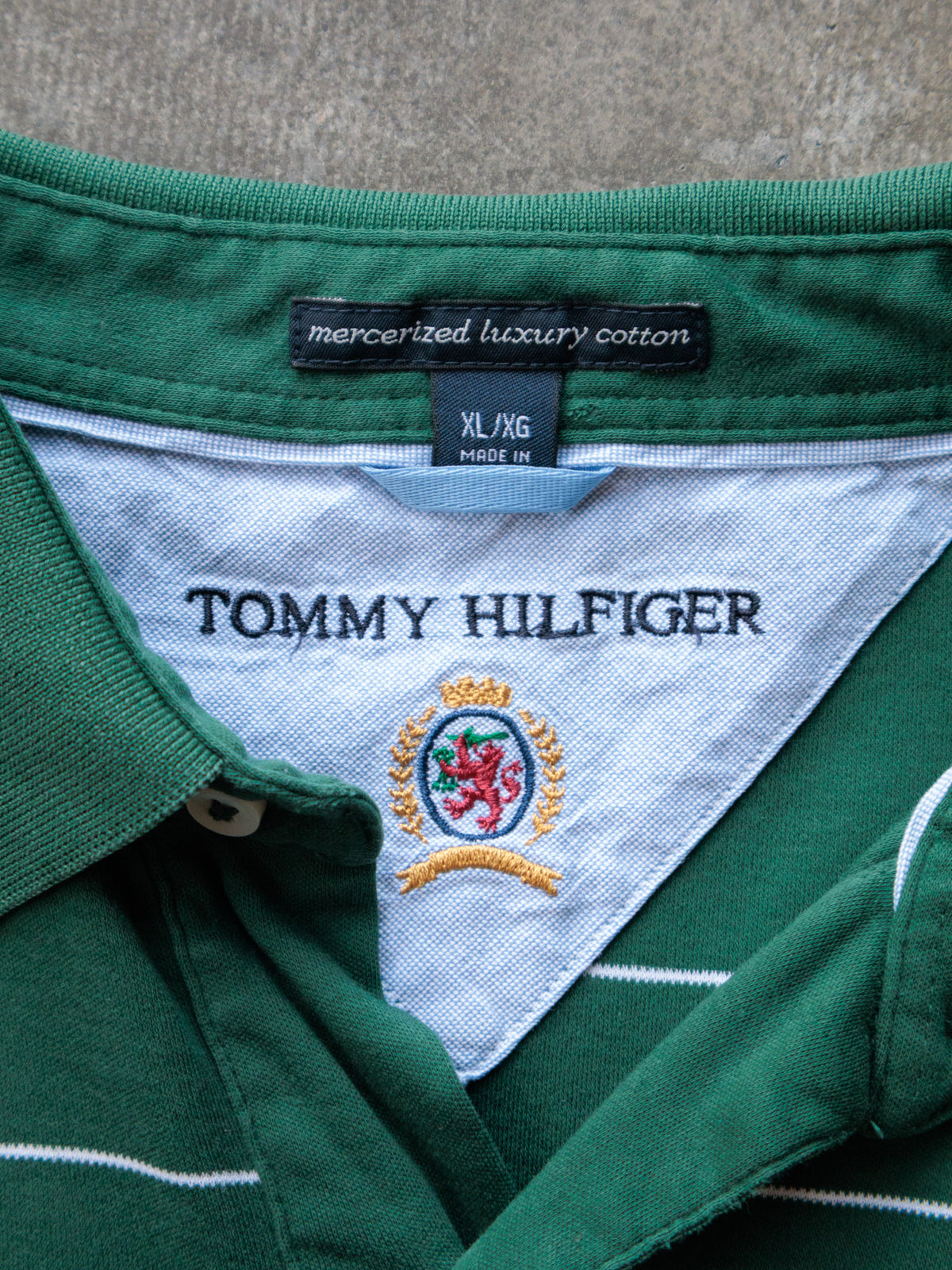 Vintage 00s Green Striped Tommy Hilfiger Long Sleeve Polo Shirt (XL)
