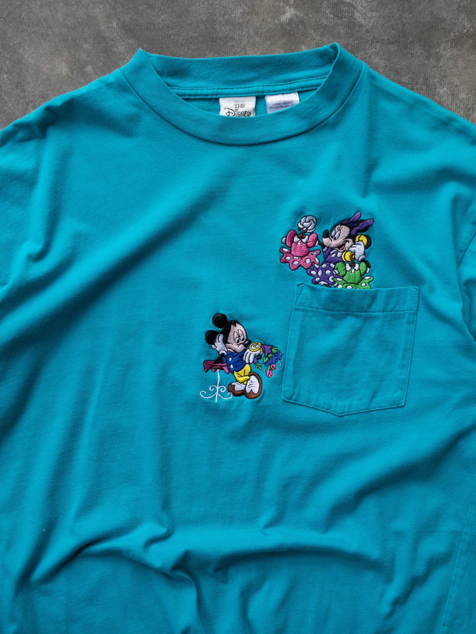 Vintage 90s Teal Disney Mickey & Minnie Pocket Tee (L)