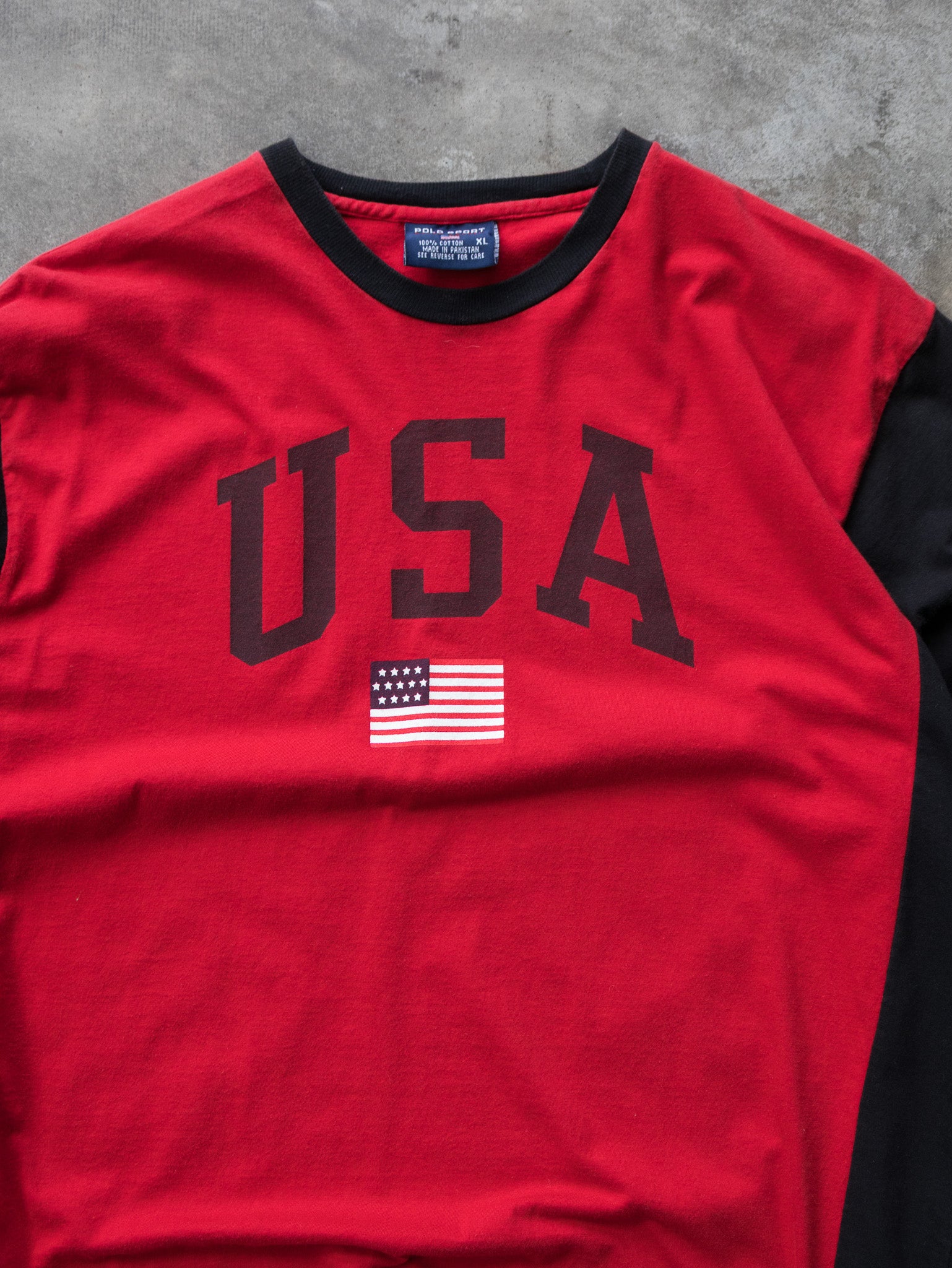 Vintage 90s Red Polo Sport Ralph Lauren USA Ringer Tee (XL)