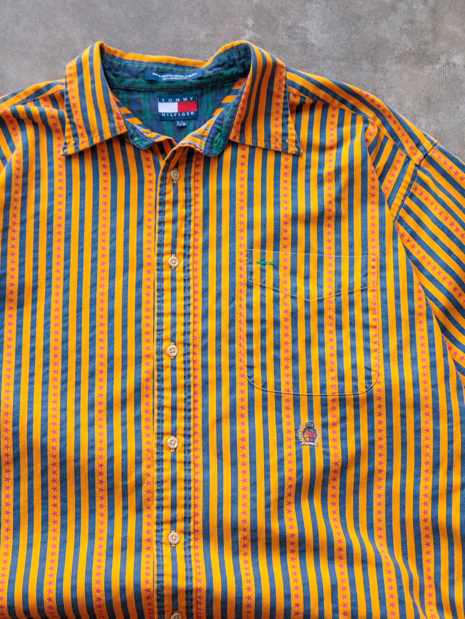 Vintage 90s Tommy Hilfiger Striped Star Pattern Short Sleeve Shirt (L)