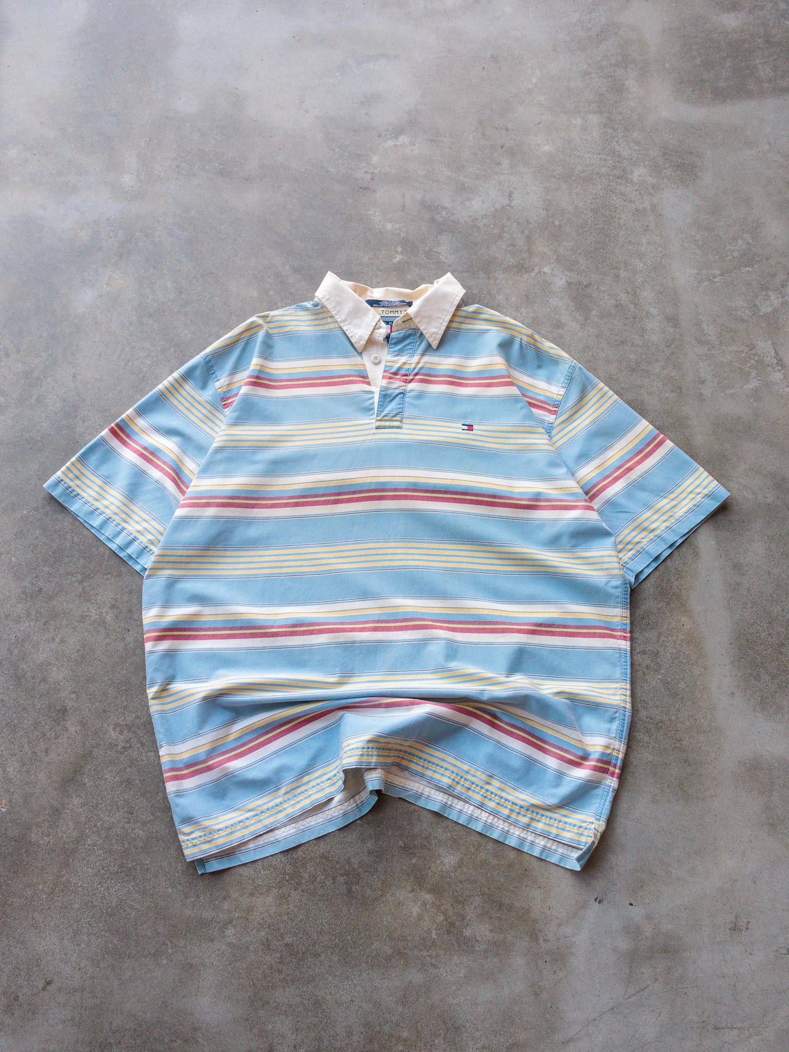 Vintage 90s Light Blue Tommy Hilfiger Striped Rugby Shirt (L)