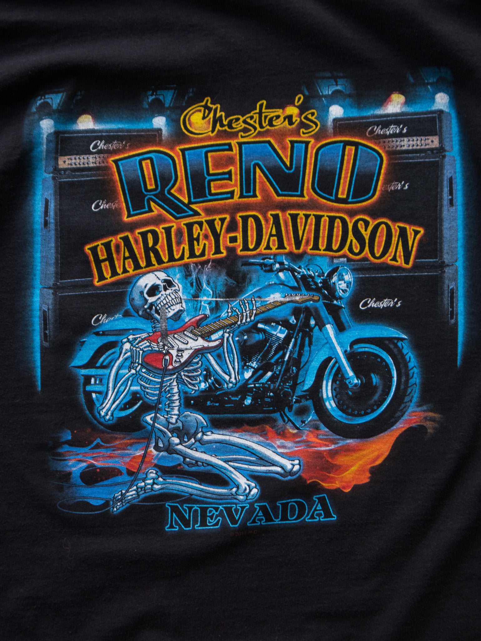 Vintage 2011 Black Chester's Reno Harley-Davidson Skeleton Tee (XL)