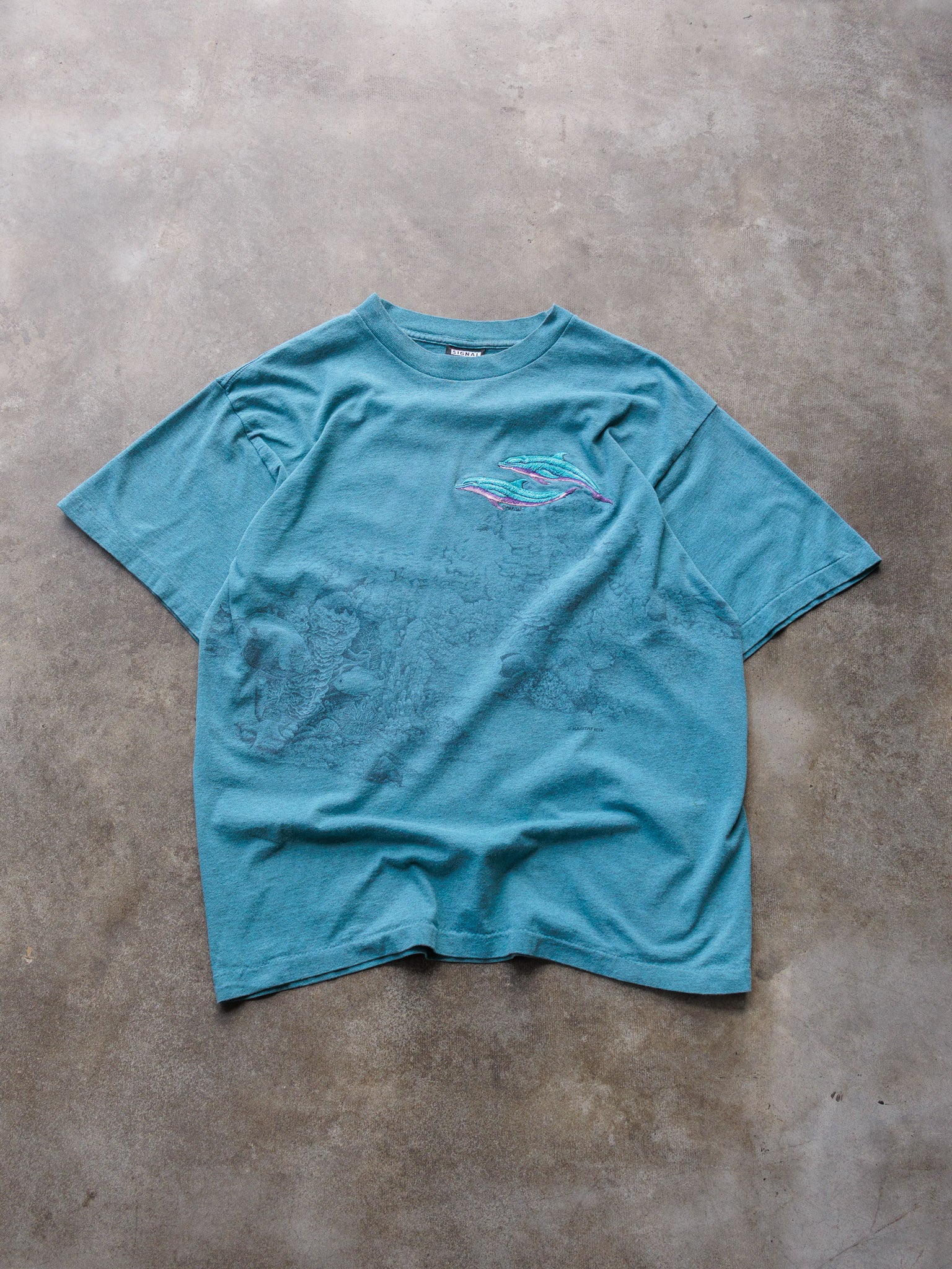 Vintage 90s Teal Embroidered Dolphins Tee (L)