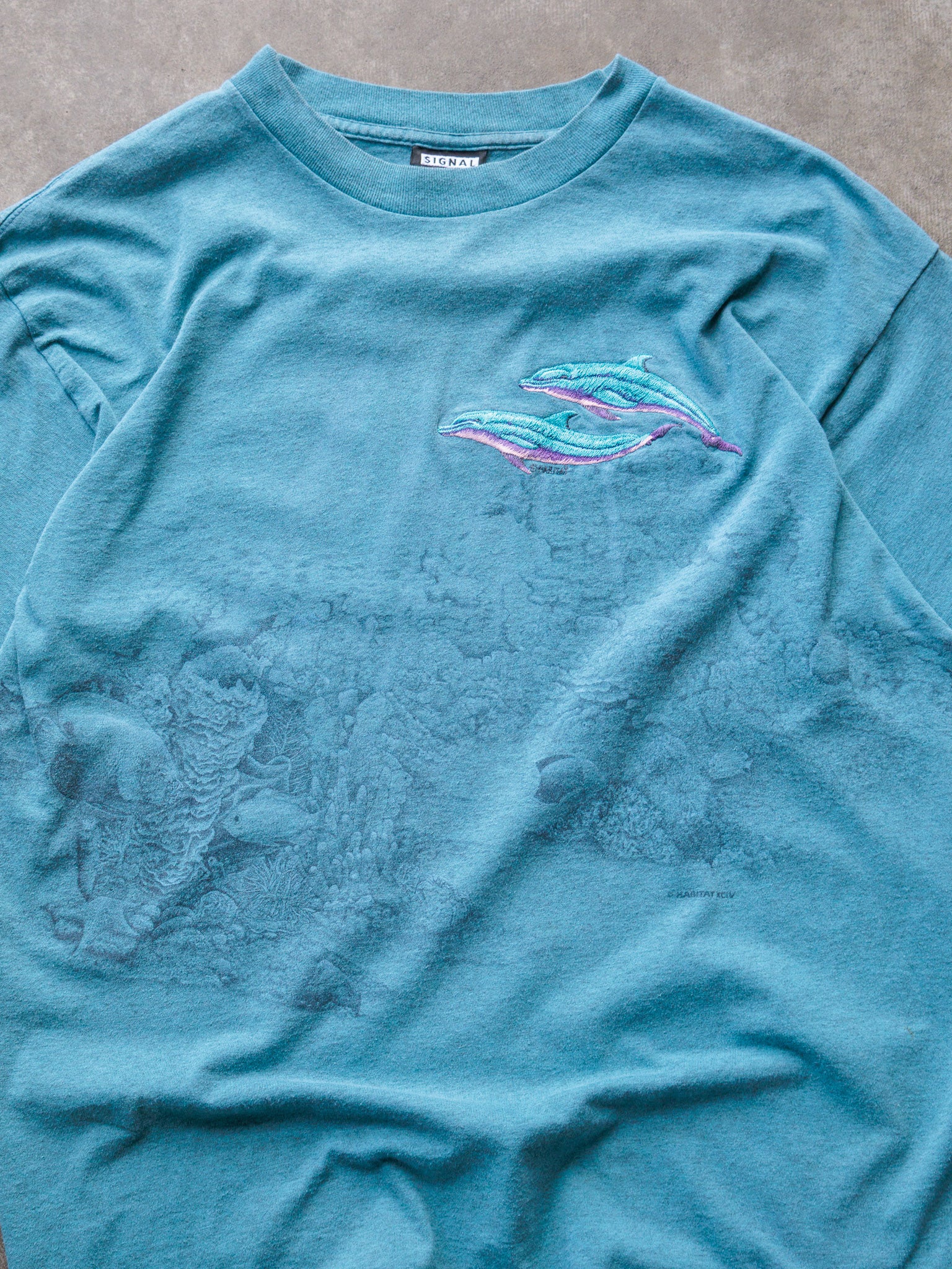 Vintage 90s Teal Embroidered Dolphins Tee (L)