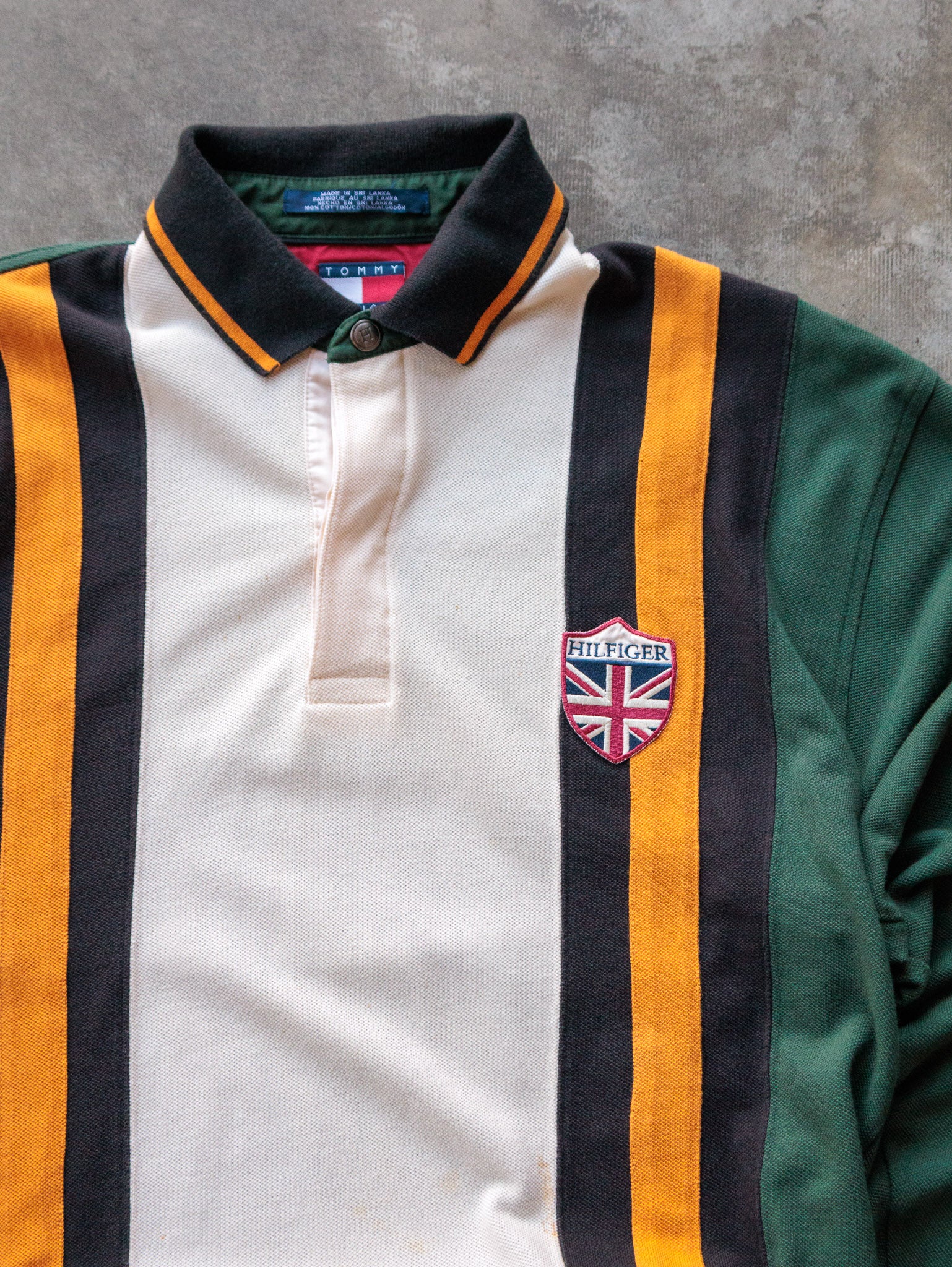 Vintage 90s Green Tommy Hilfiger Striped Long Sleeve Polo Shirt (L)
