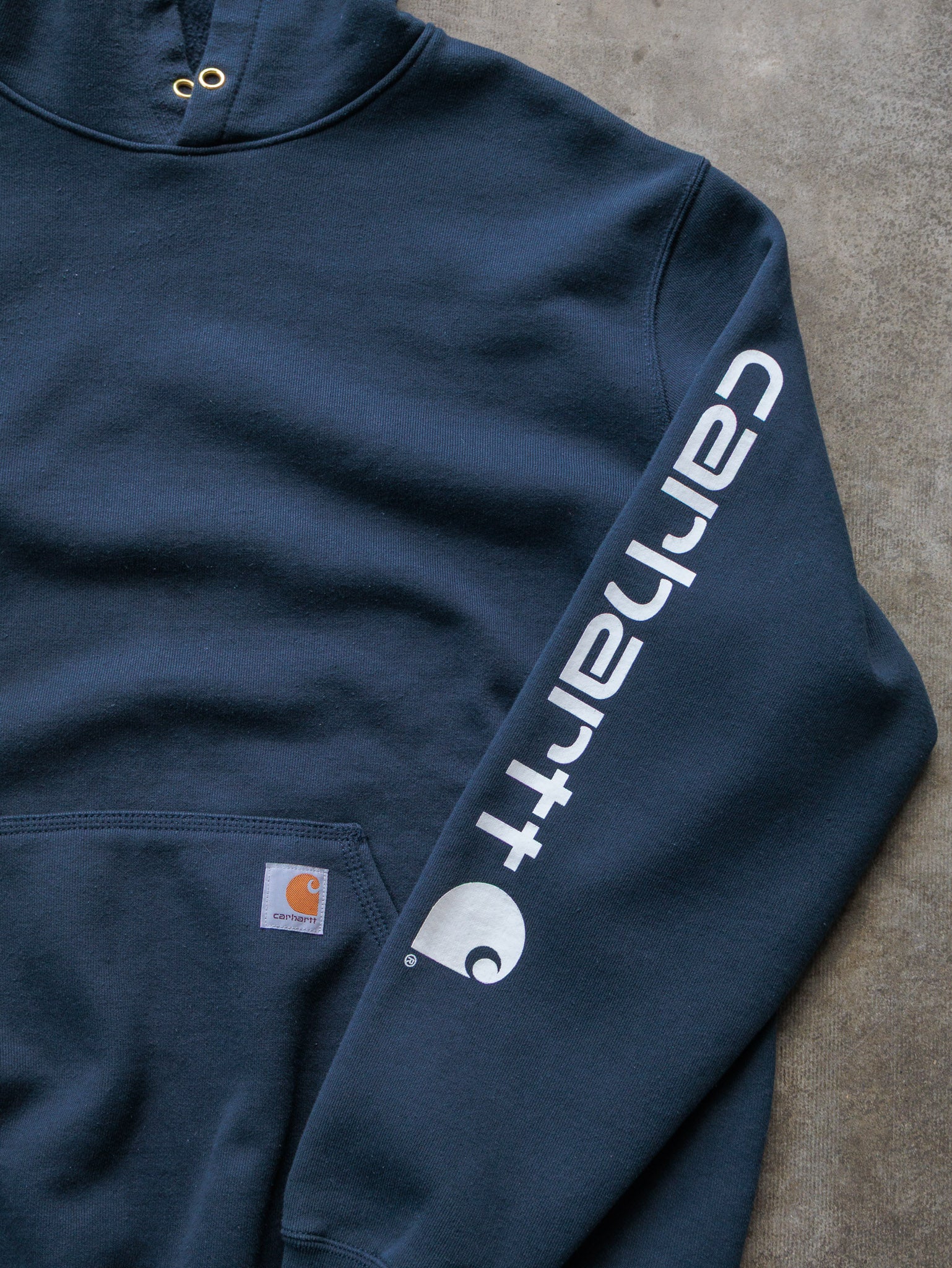 Vintage Navy Carhartt Sleeve Spell Out Hoodie (XL)