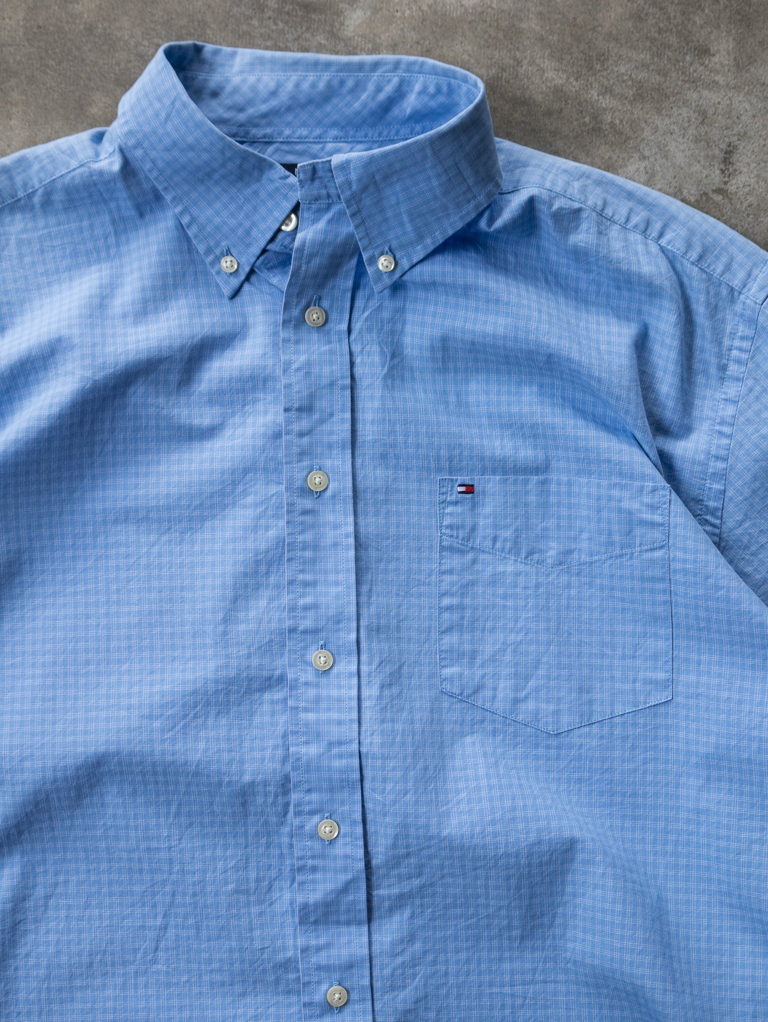 Vintage Blue Tommy Hilfiger Short Sleeve Shirt (L)