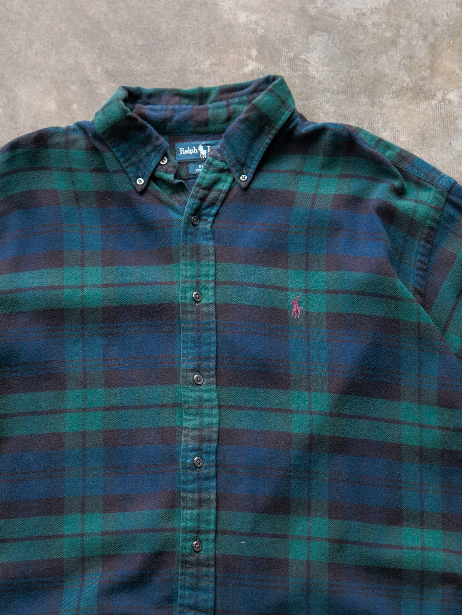 Vintage 90s Green & Navy Plaid Ralph Lauren Shirt (XL)