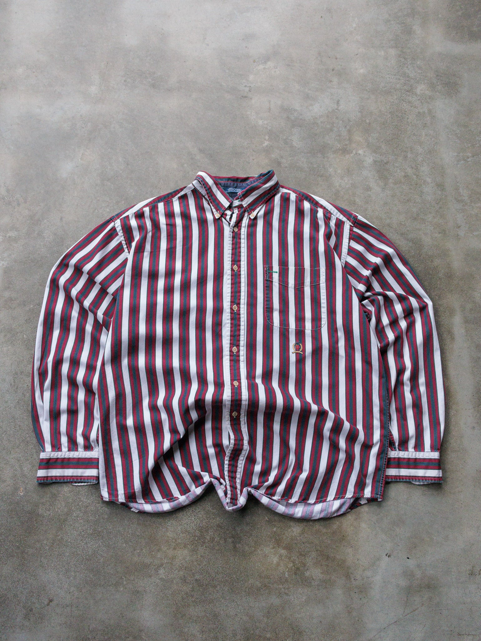 Vintage 90s Maroon & Green Striped Tommy Hilfiger Shirt (L)