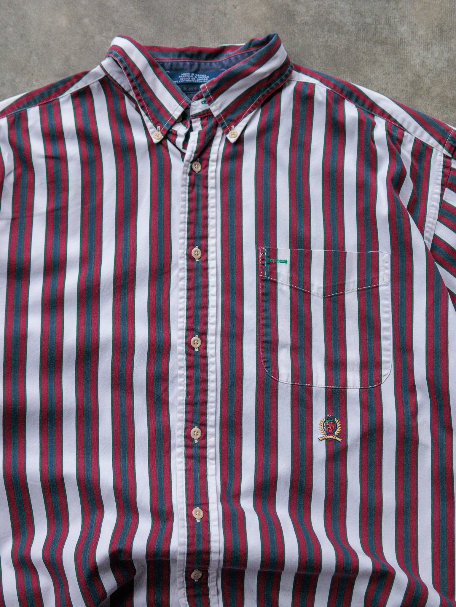 Vintage 90s Maroon & Green Striped Tommy Hilfiger Shirt (L)