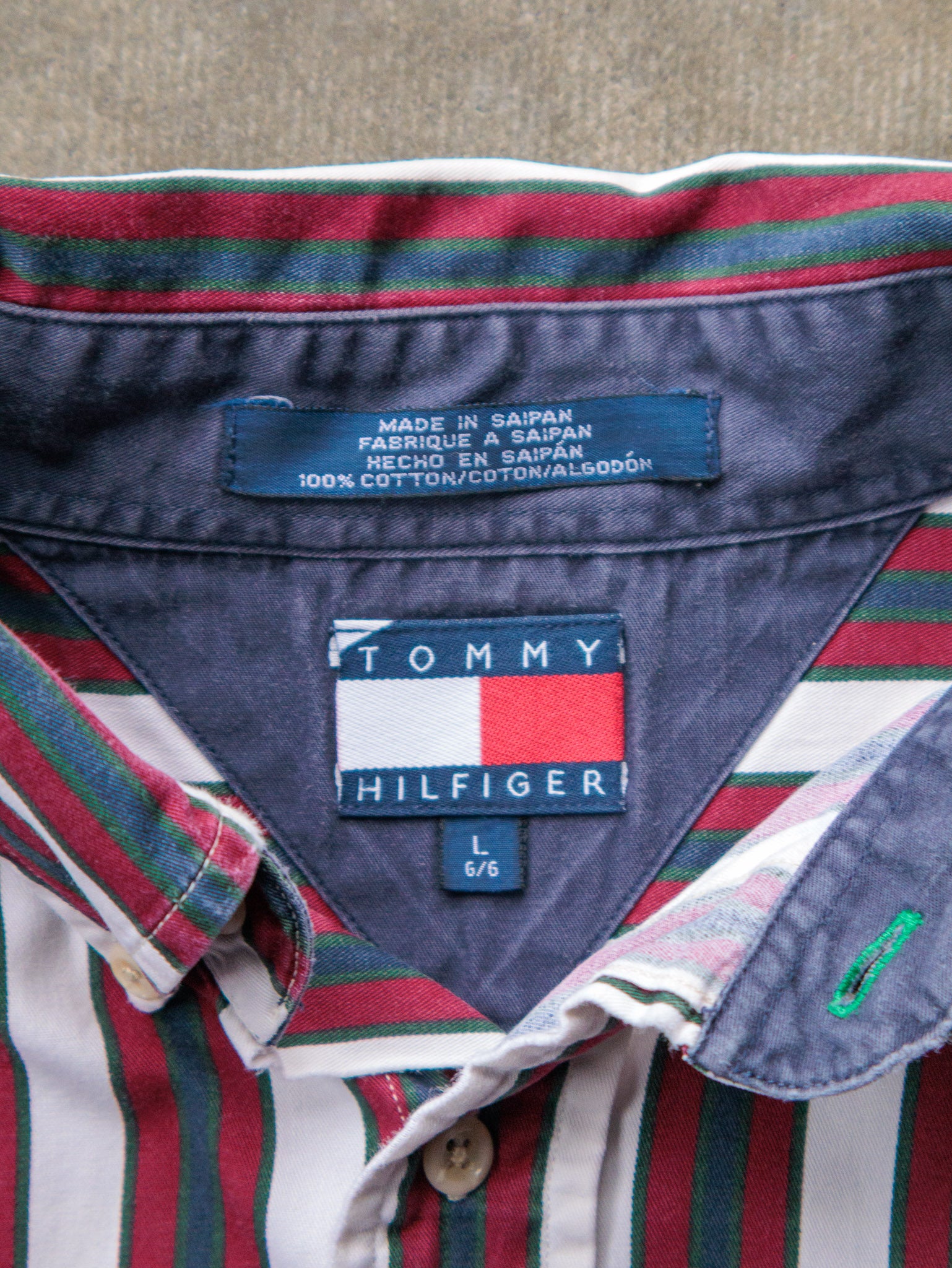 Vintage 90s Maroon & Green Striped Tommy Hilfiger Shirt (L)