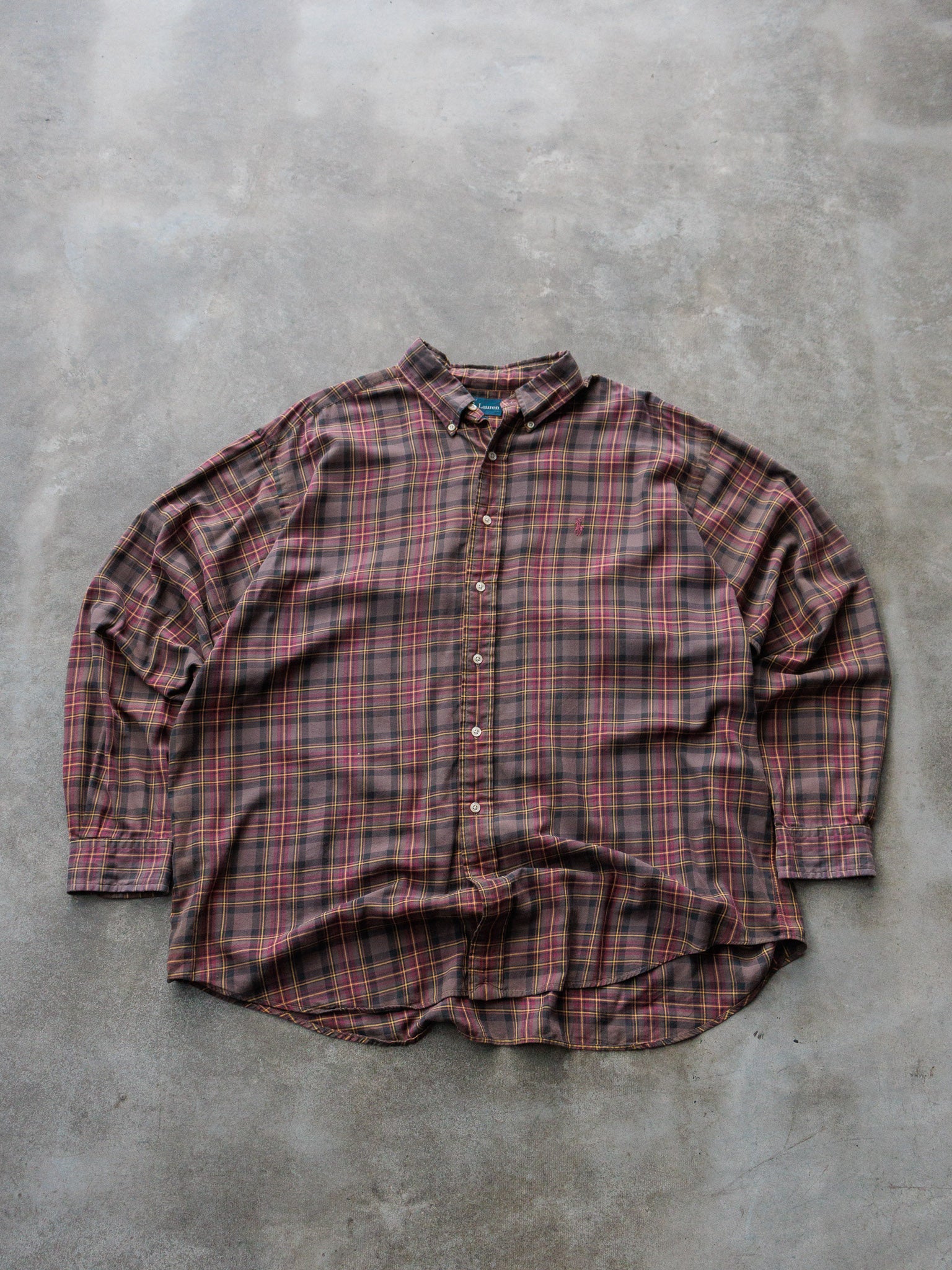 Vintage 90s Brown & Maroon Plaid Ralph Lauren Shirt (XL)