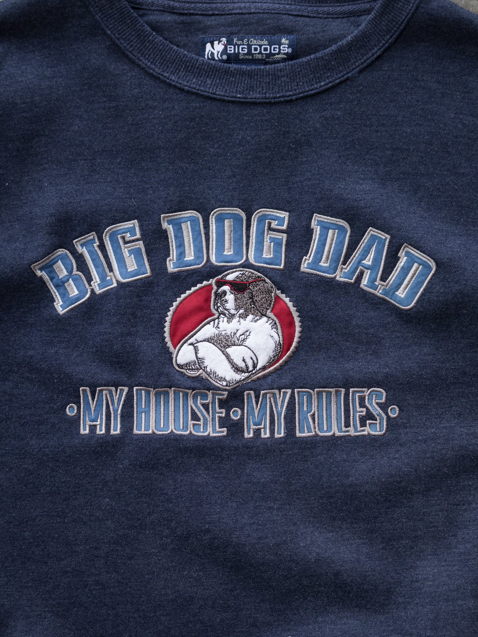 Vintage Navy Big Dog Dad My House My Rules Graphic Sweatshirt (XL)