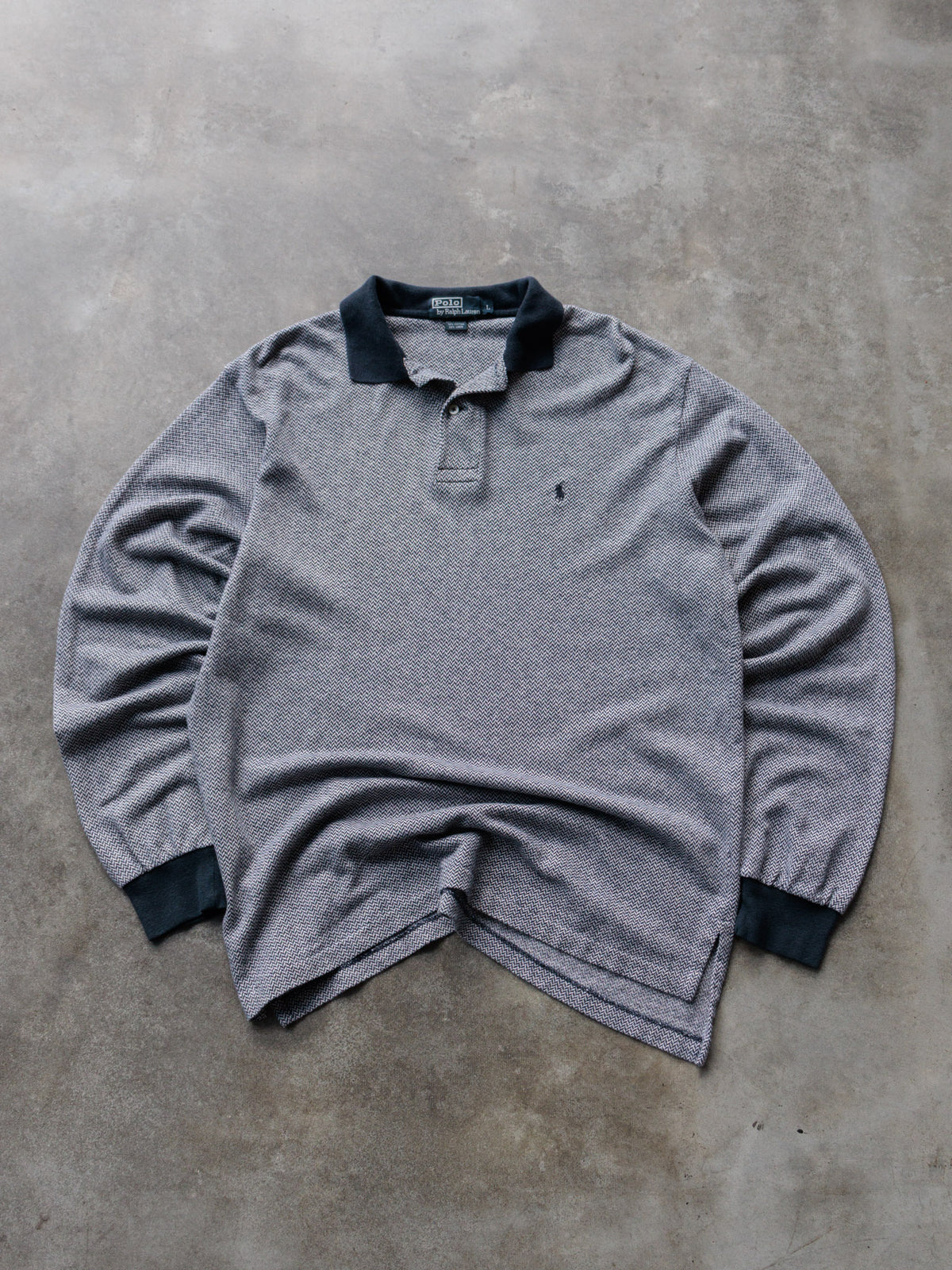 Vintage 00s Grey Herringbone Polo Ralph Lauren Long Sleeve Polo Shirt (L)