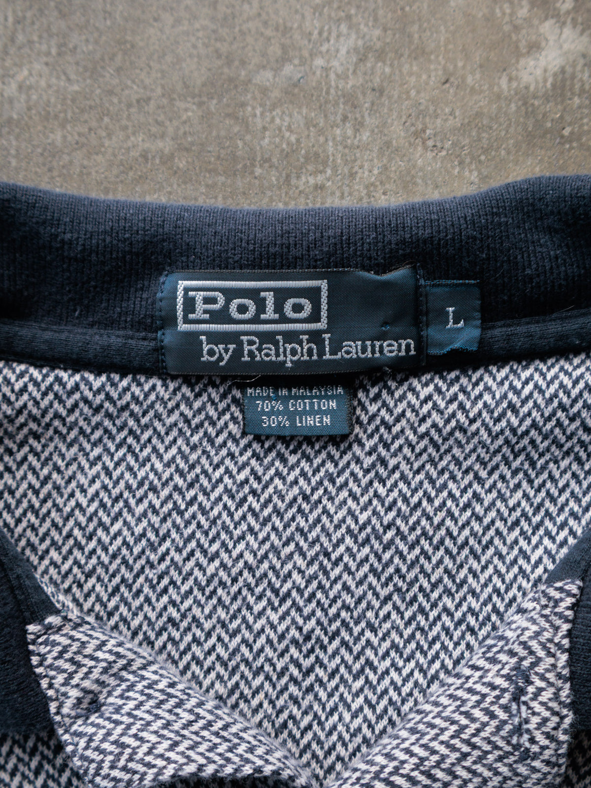 Vintage 00s Grey Herringbone Polo Ralph Lauren Long Sleeve Polo Shirt (L)
