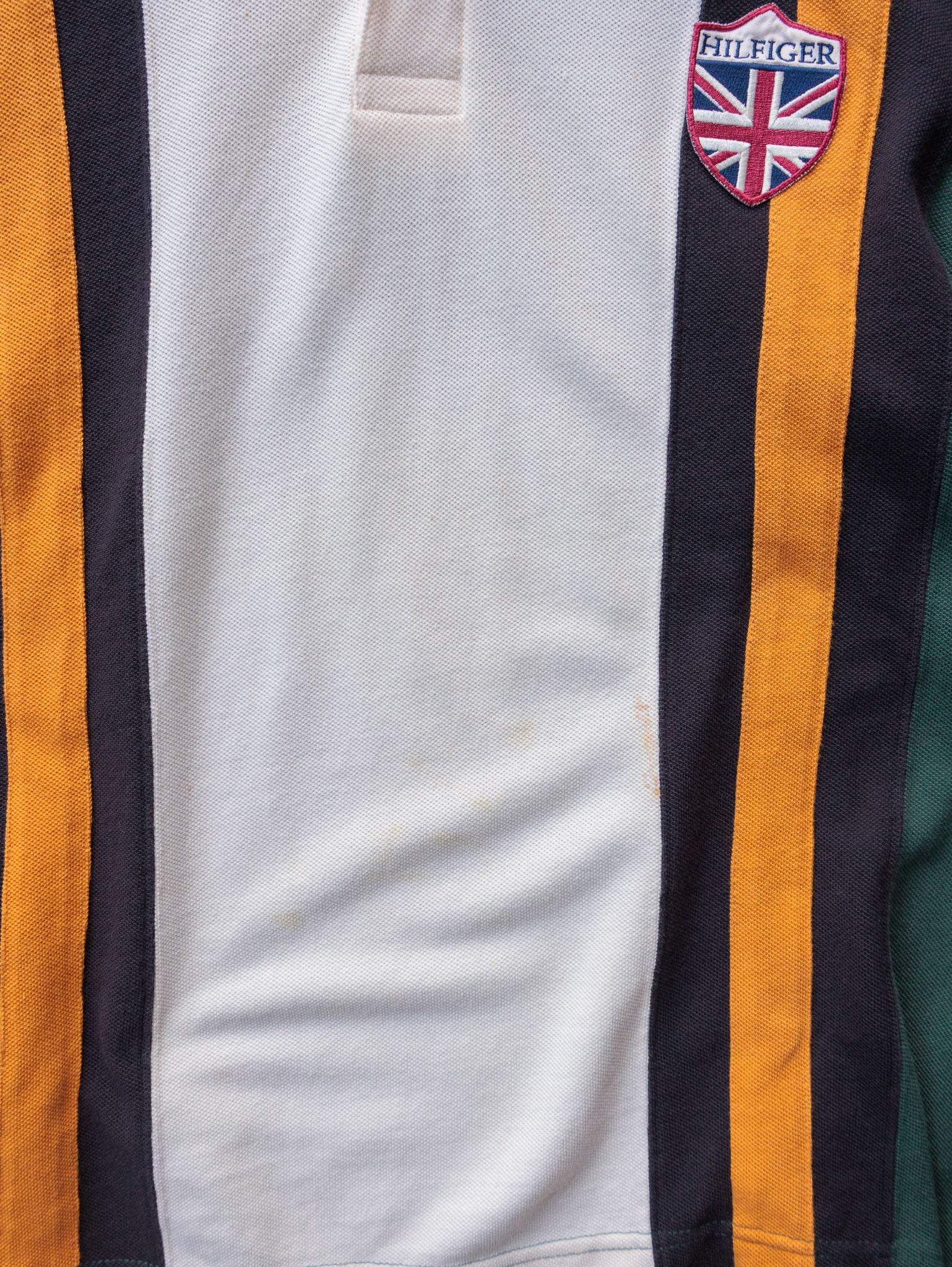 Vintage 90s Green Tommy Hilfiger Striped Long Sleeve Polo Shirt (L)