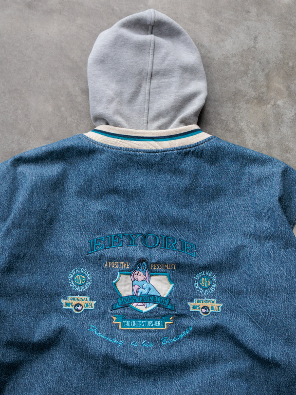Vintage 90s Denim & Beige Disney Eeyore Varsity Jacket (XL)