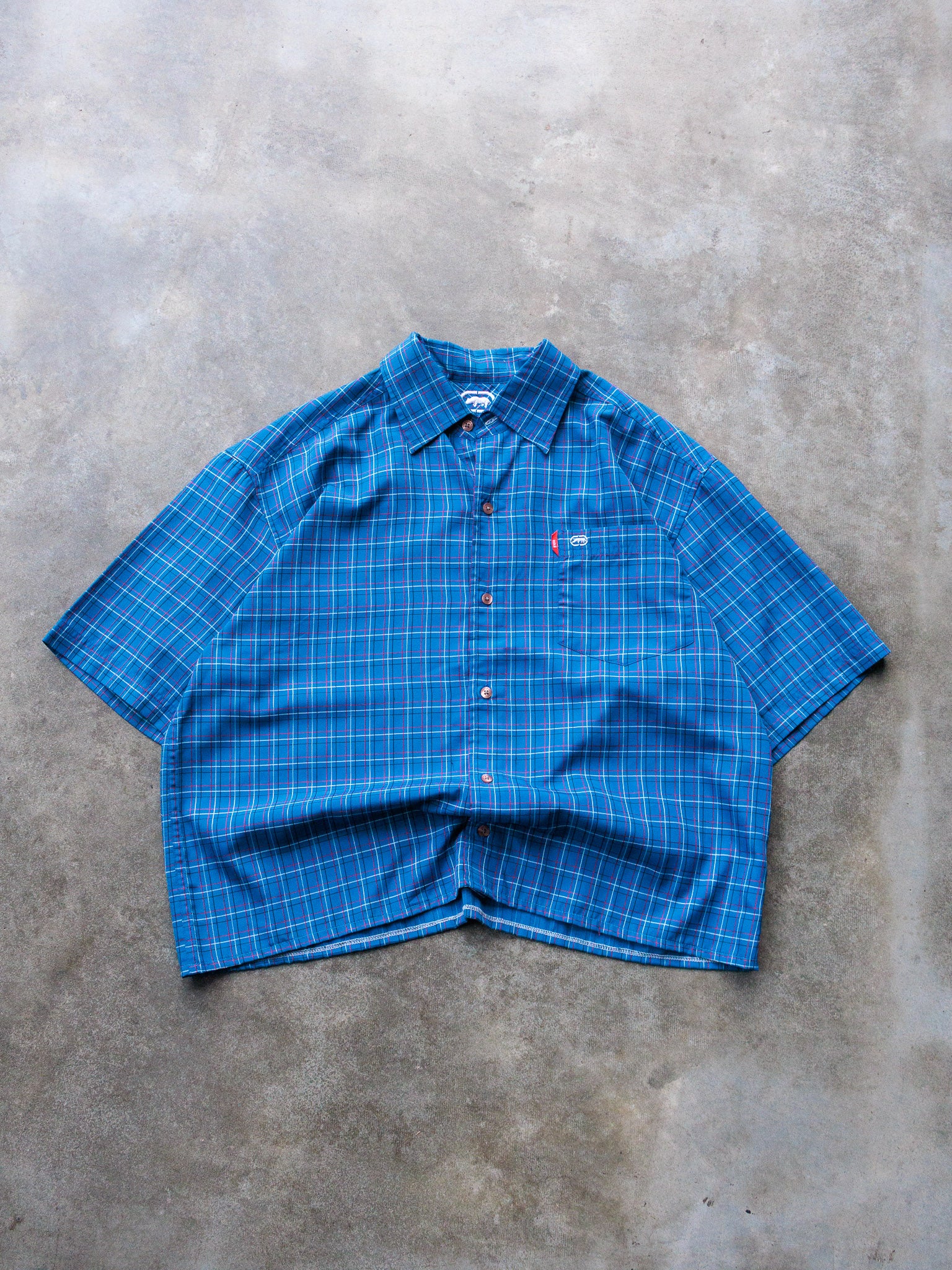 Vintage 00s Blue Plaid Ecko Unltd Cropped Shirt (L)