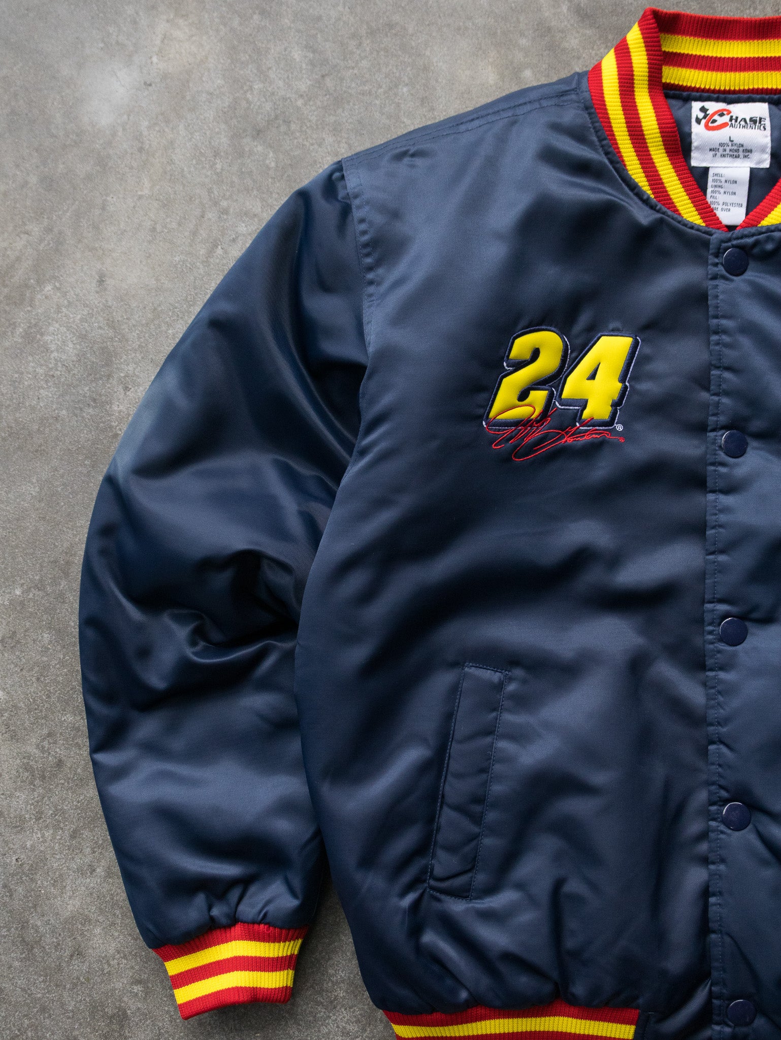 Vintage 90s Navy Jeff Gordon DuPont NASCAR Bomber Jacket (L)