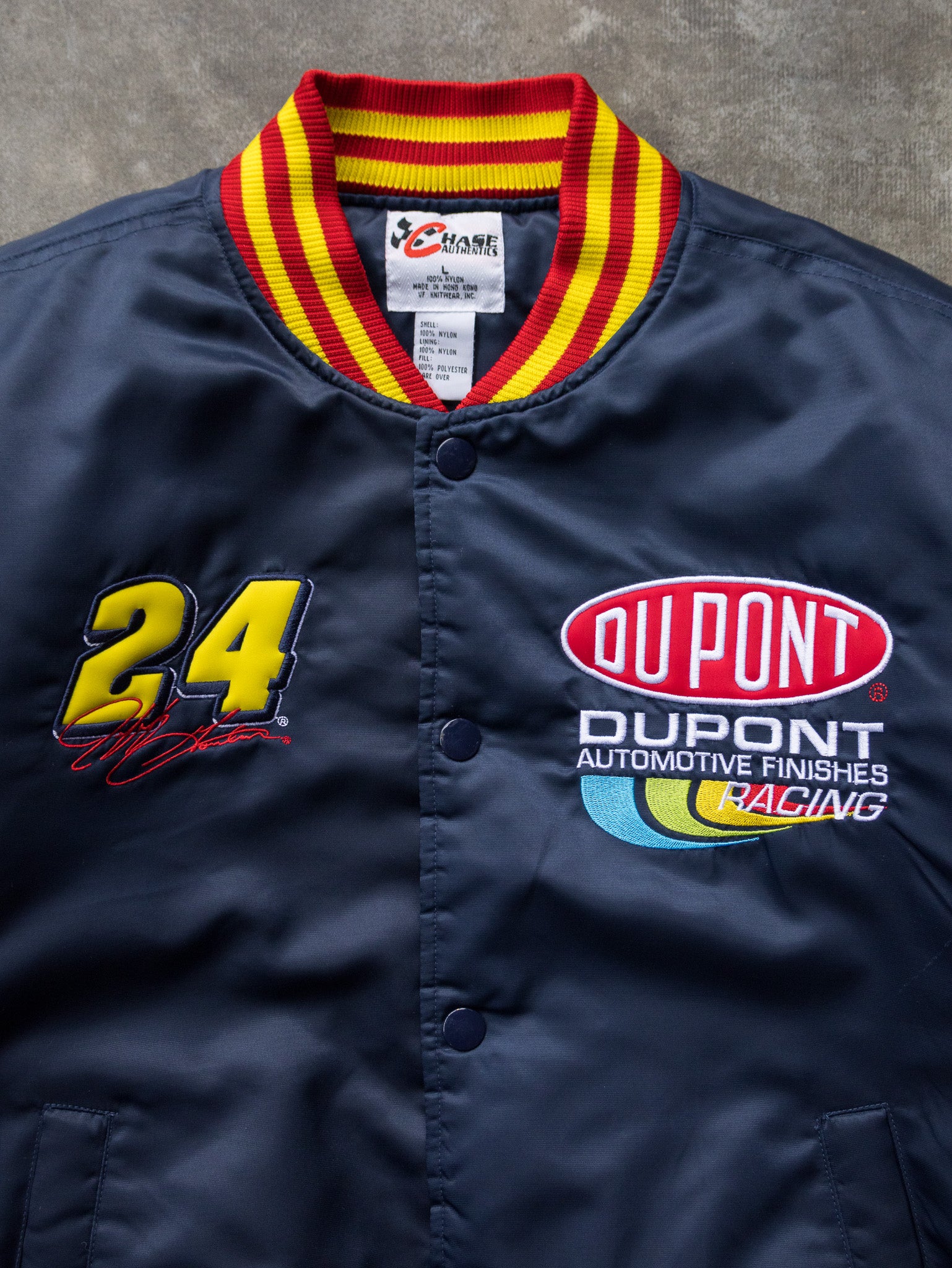 Vintage 90s Navy Jeff Gordon DuPont NASCAR Bomber Jacket (L)