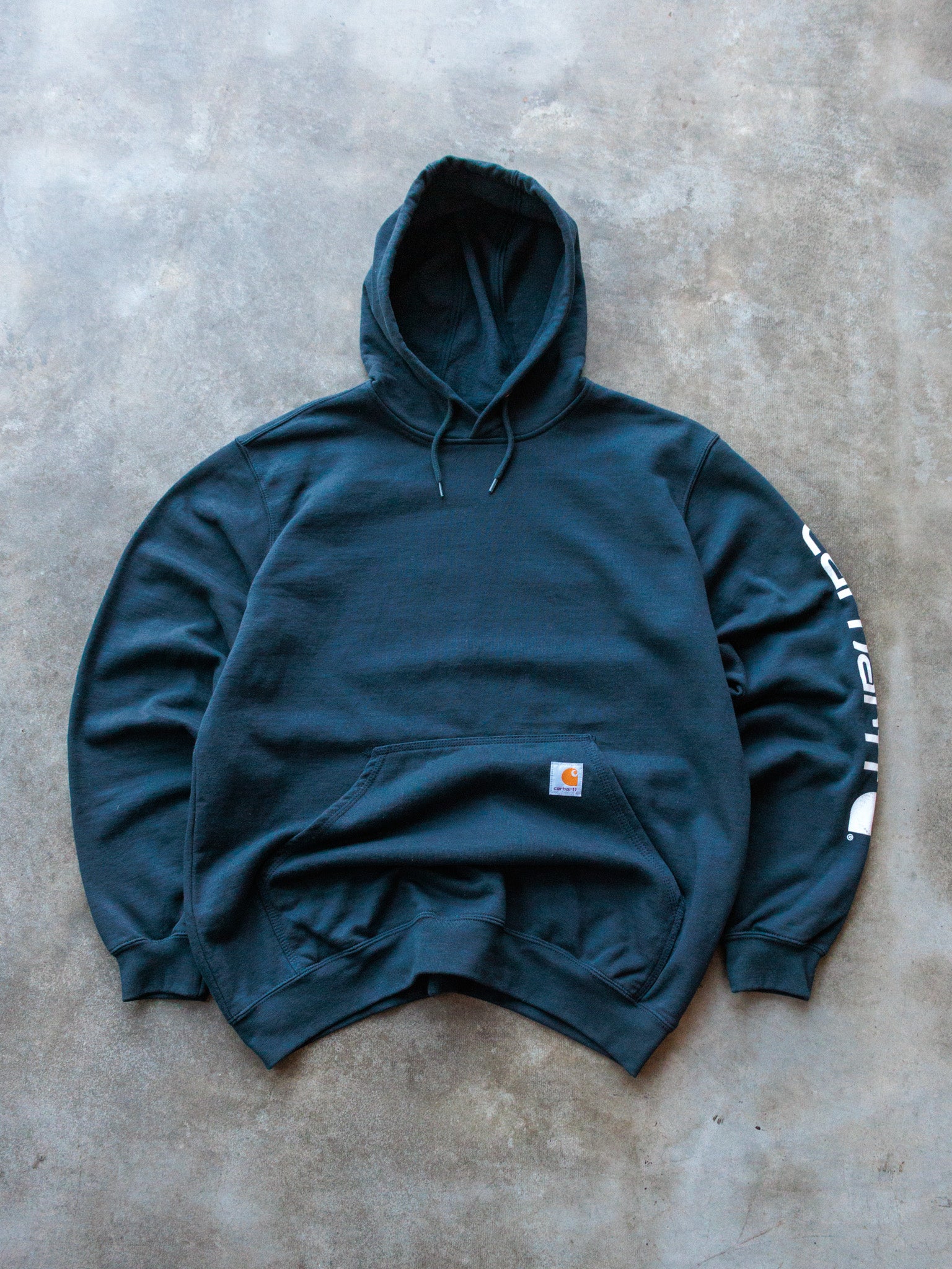 Vintage Navy Carhartt Sleeve Spell Out Hoodie (M)