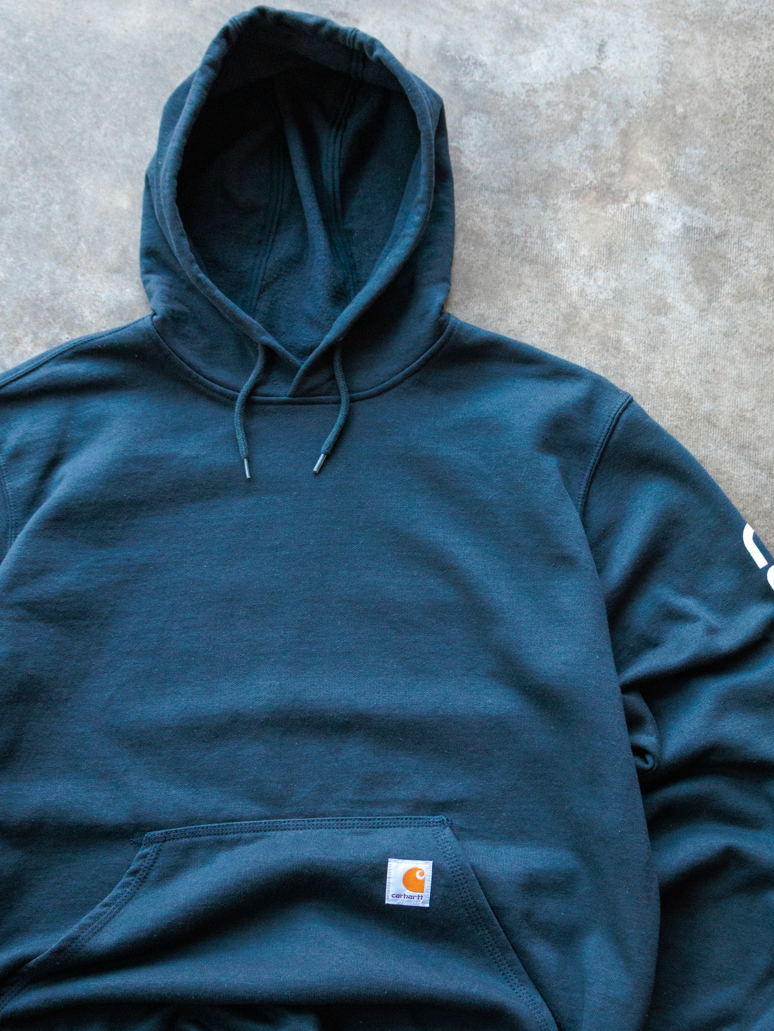 Vintage Navy Carhartt Sleeve Spell Out Hoodie (M)