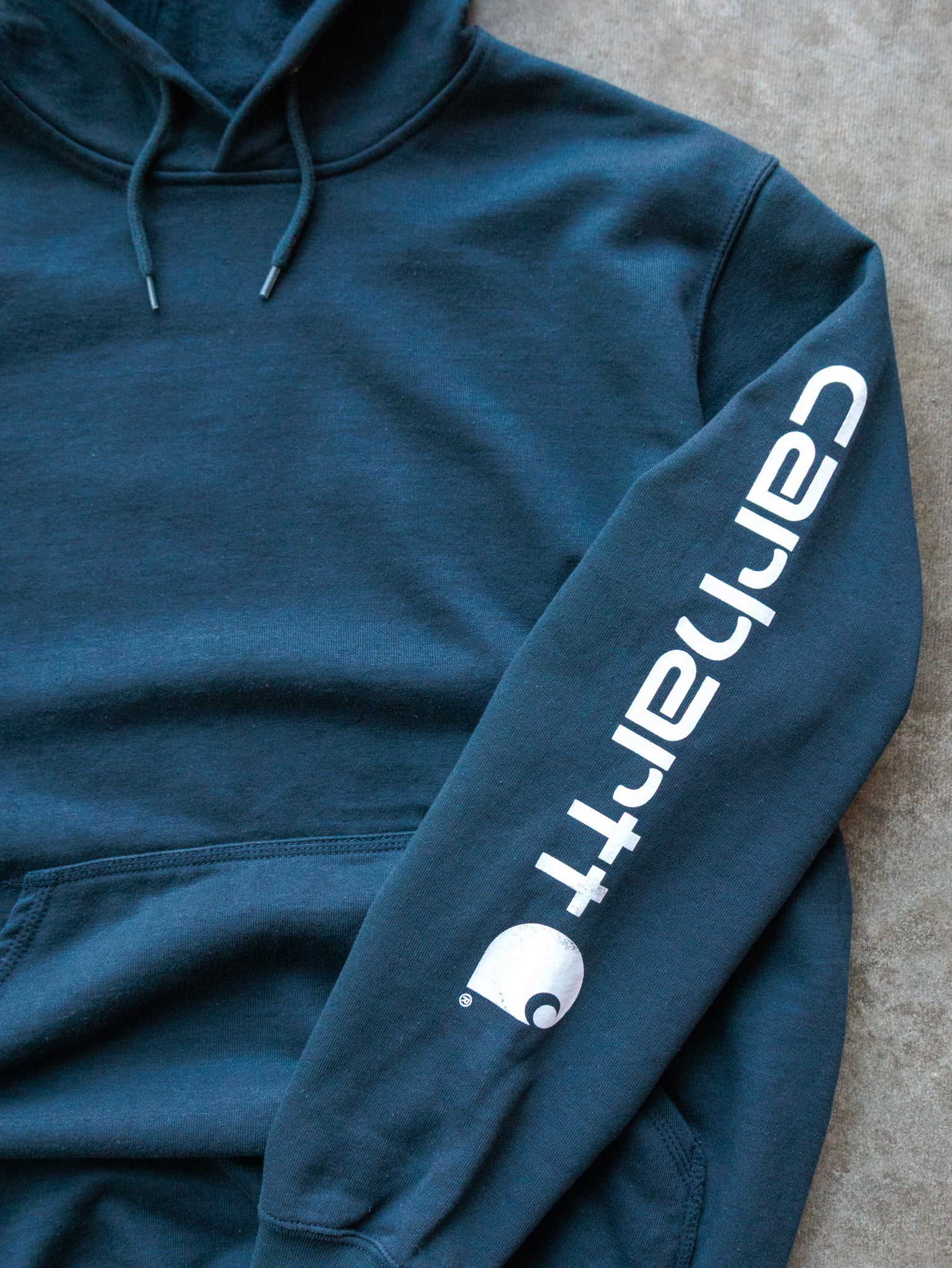 Vintage Navy Carhartt Sleeve Spell Out Hoodie (M)
