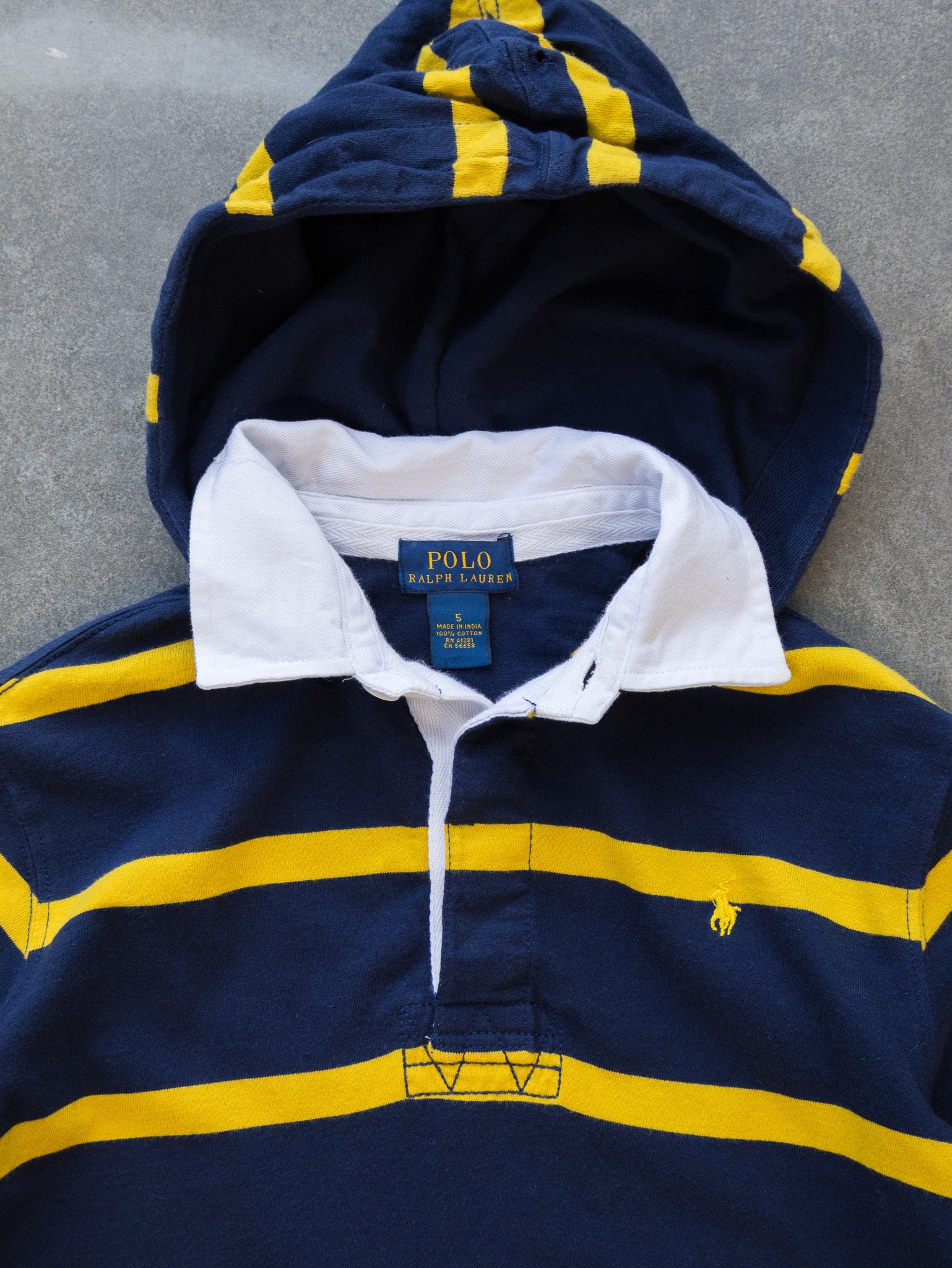Vintage Navy and Yellow Ralph Lauren Rugby Hoodie (5Y)