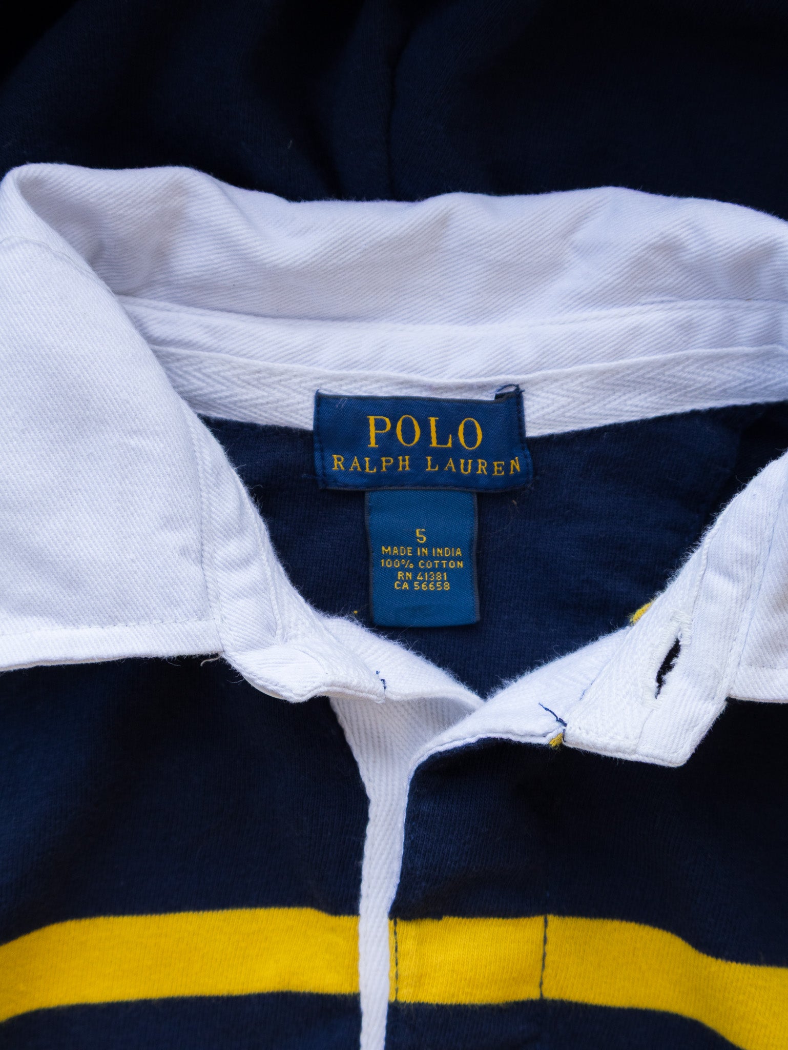 Vintage Navy and Yellow Ralph Lauren Rugby Hoodie (5Y)