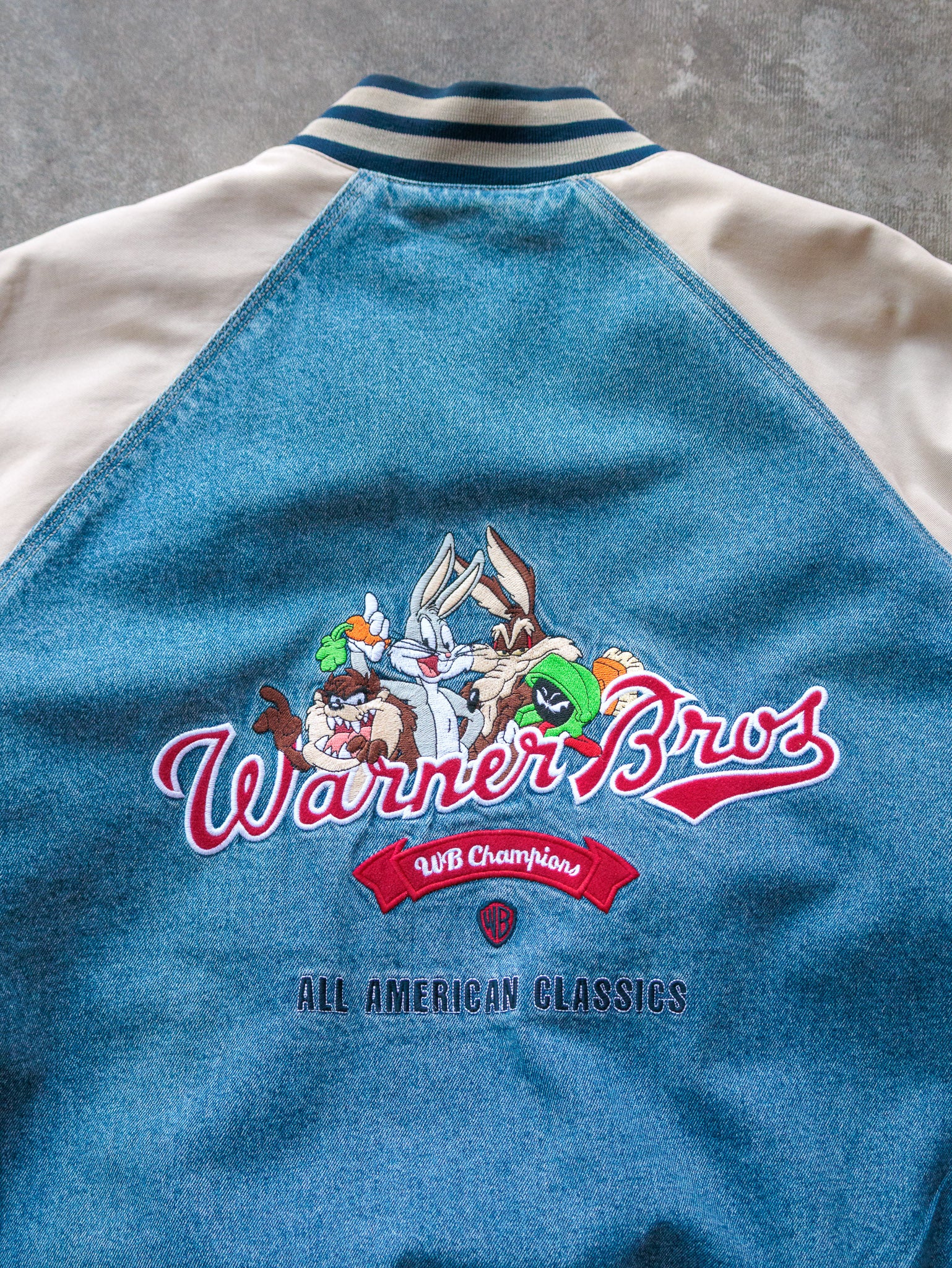 Vintage 90s Blue & Cream Warner Bros. Varsity Jacket (2XL)