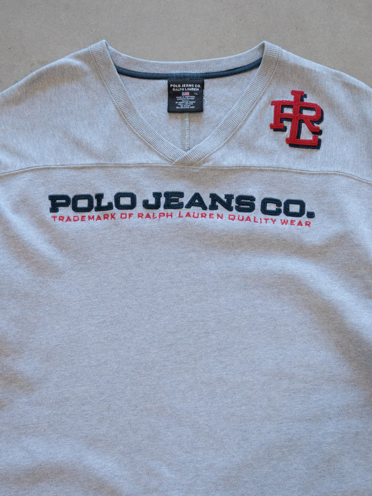 Vintage 00s Grey Polo Jeans Co. V-Neck Long Sleeve Tee (XL)