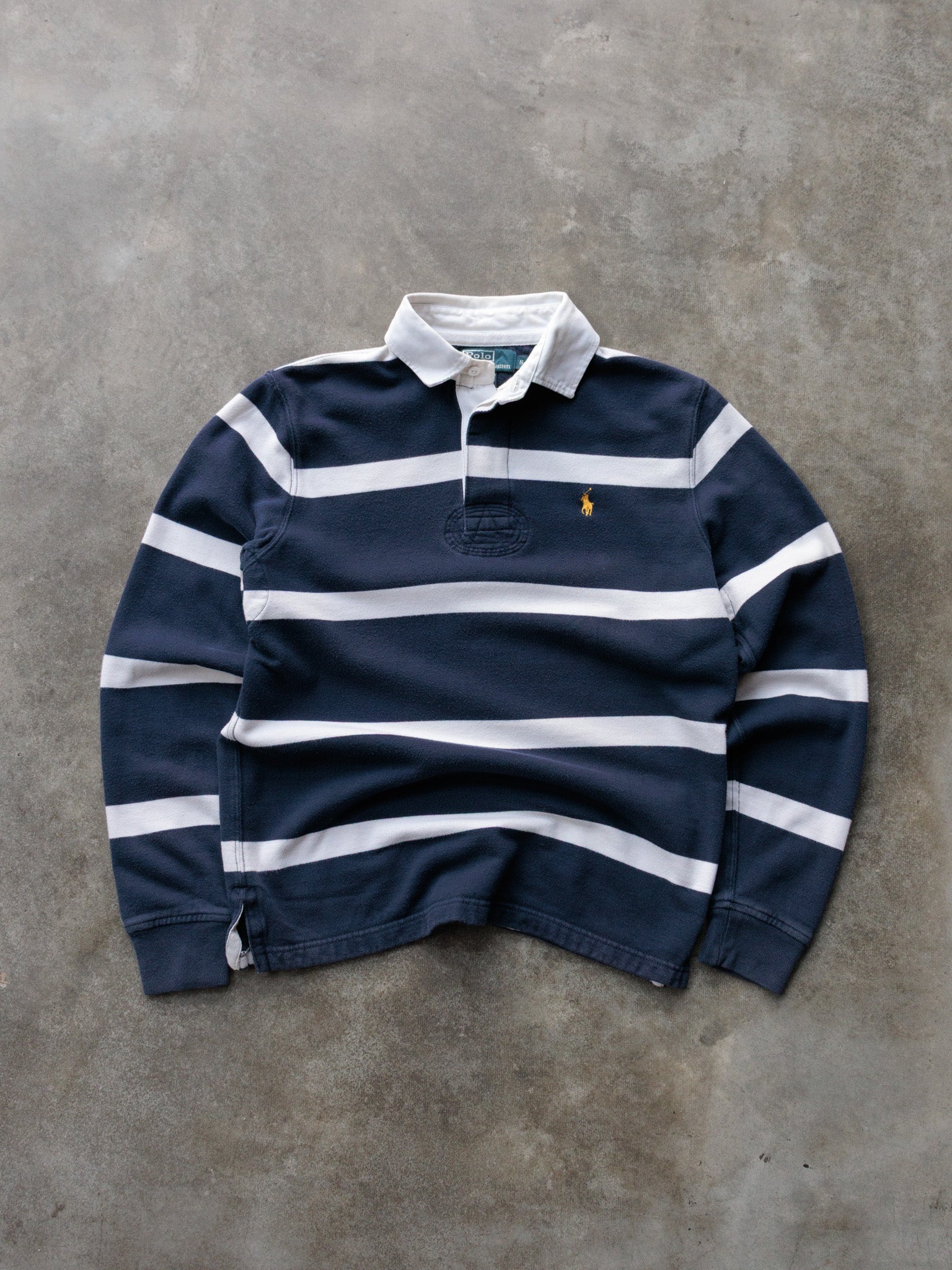 Vintage 90s Navy Striped Polo Ralph Lauren Rugby Shirt (S)