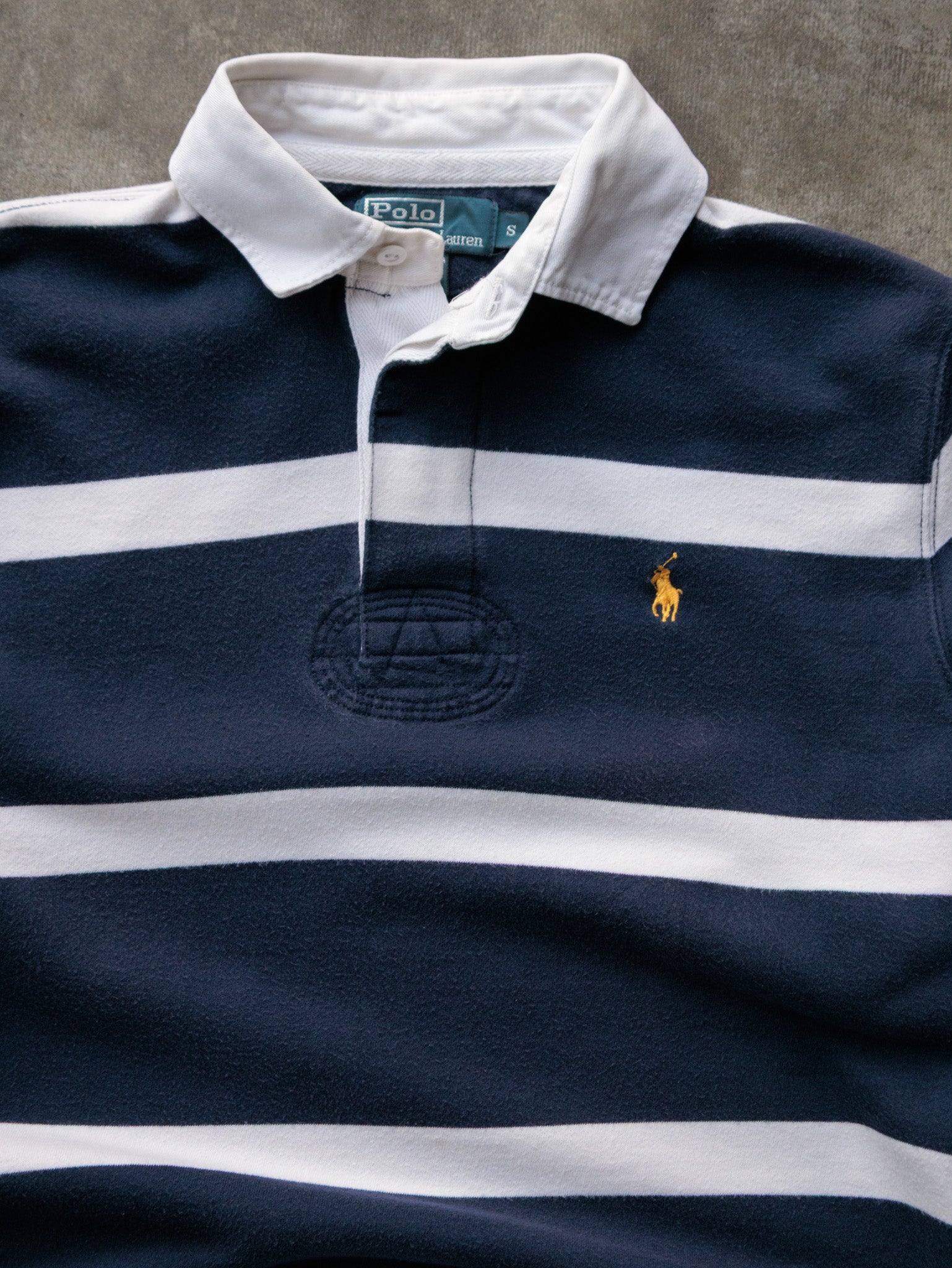 Vintage 90s Navy Striped Polo Ralph Lauren Rugby Shirt (S)