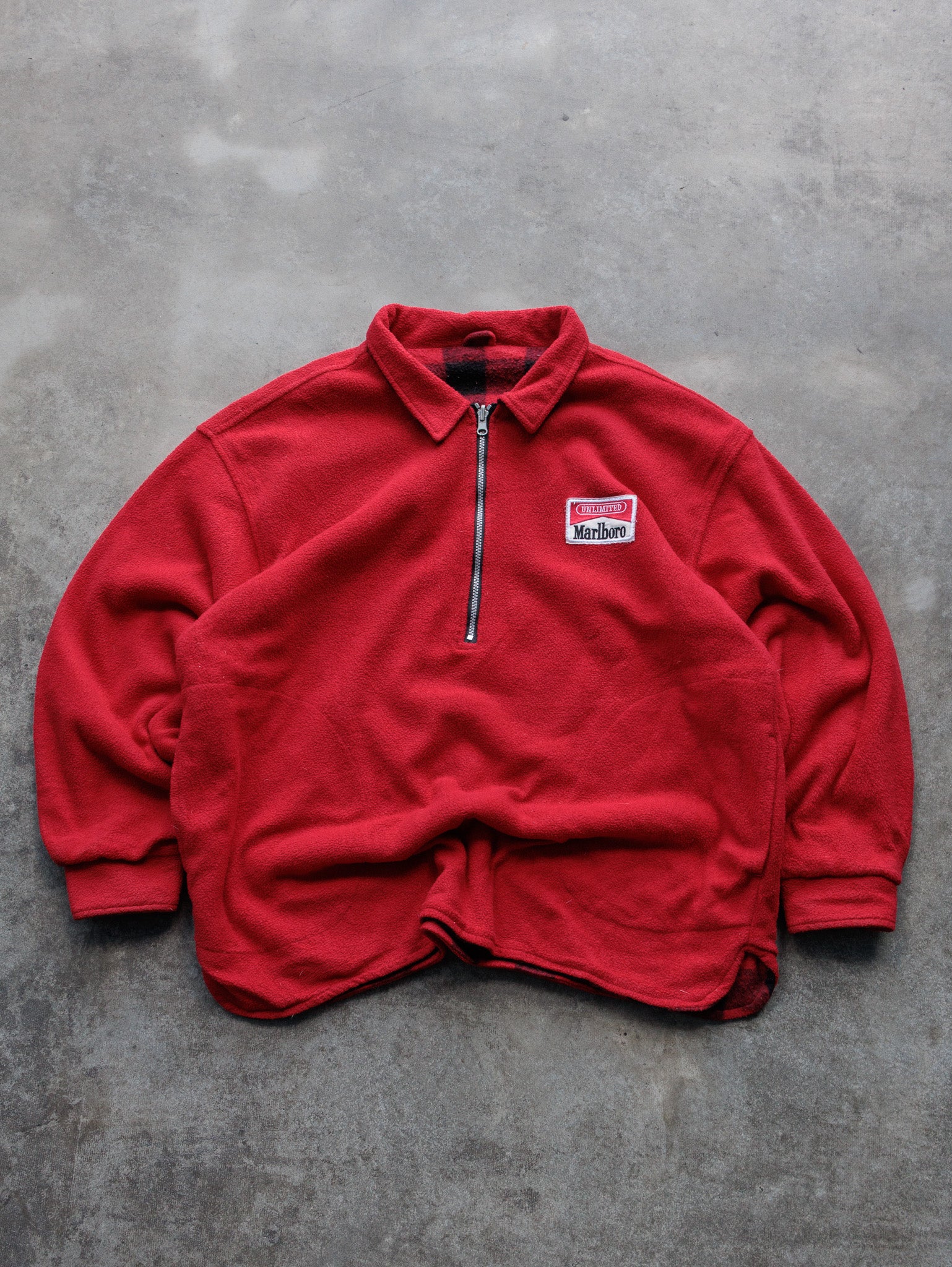 Vintage Red Marlboro Unlimited Reversible Buffalo Plaid Fleece Quarter Zip (-)