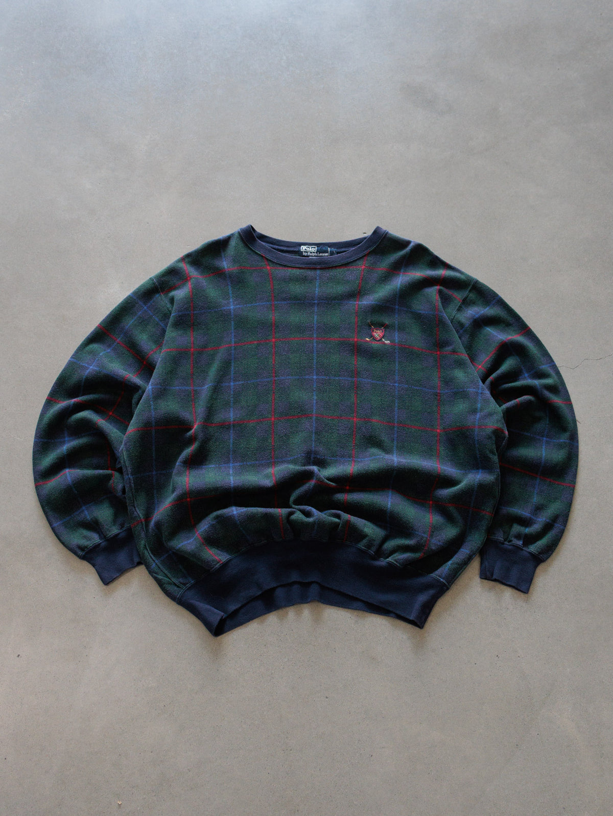 Vintage 90s Green Plaid Polo Ralph Lauren Fleece Sweatshirt (L)