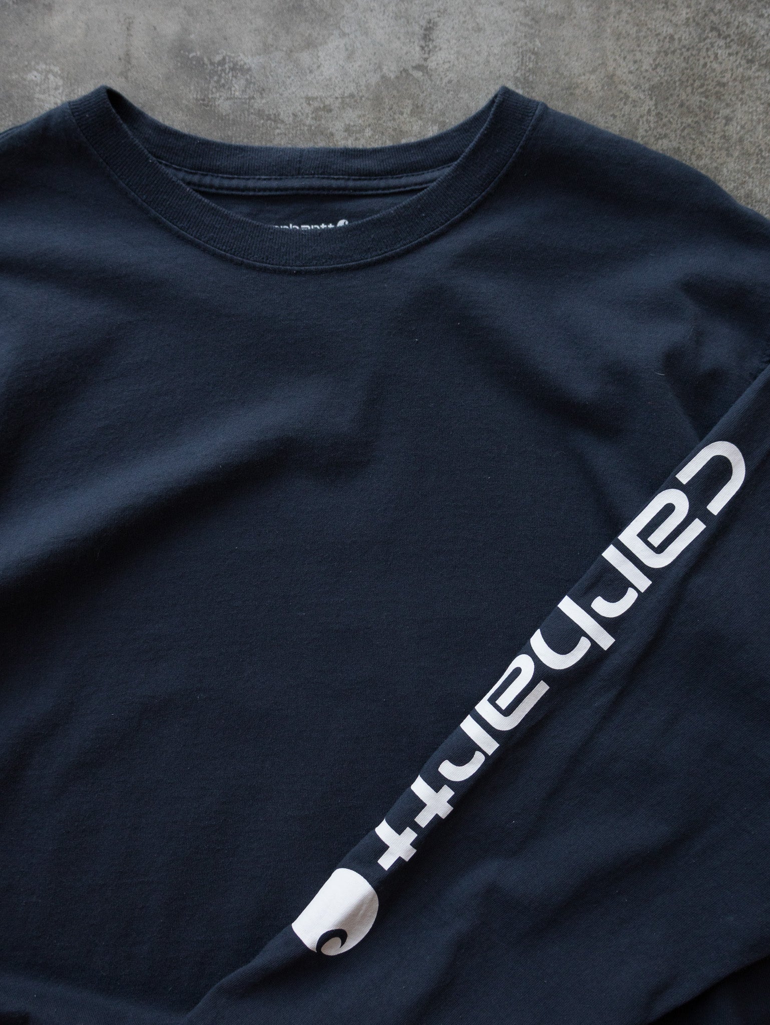 Vintage Navy Carhartt Spell Out Long Sleeve (XL)