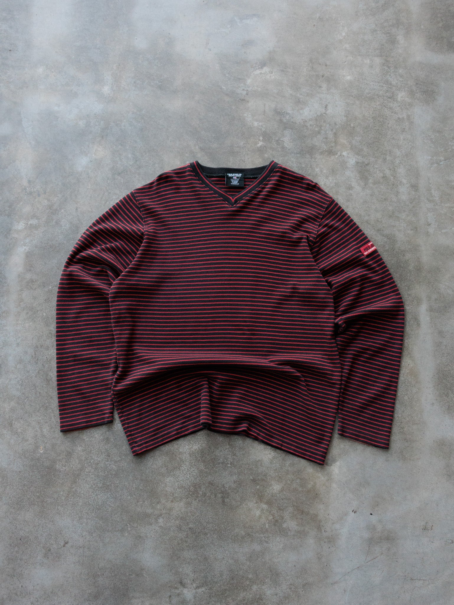 Vintage 90s Black Striped Polo Jeans Co. V-Neck Long Sleeve (L)