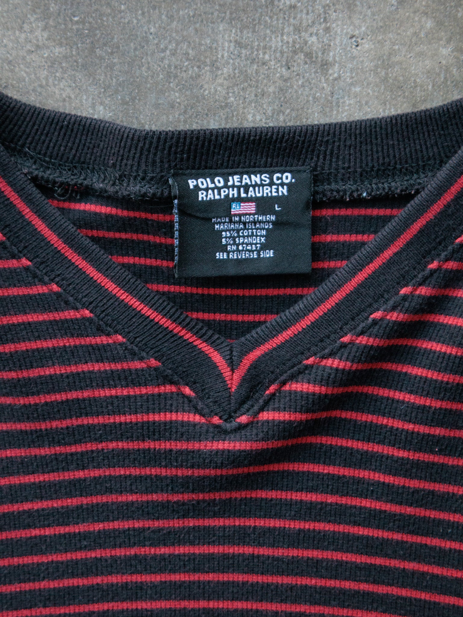 Vintage 90s Black Striped Polo Jeans Co. V-Neck Long Sleeve (L)