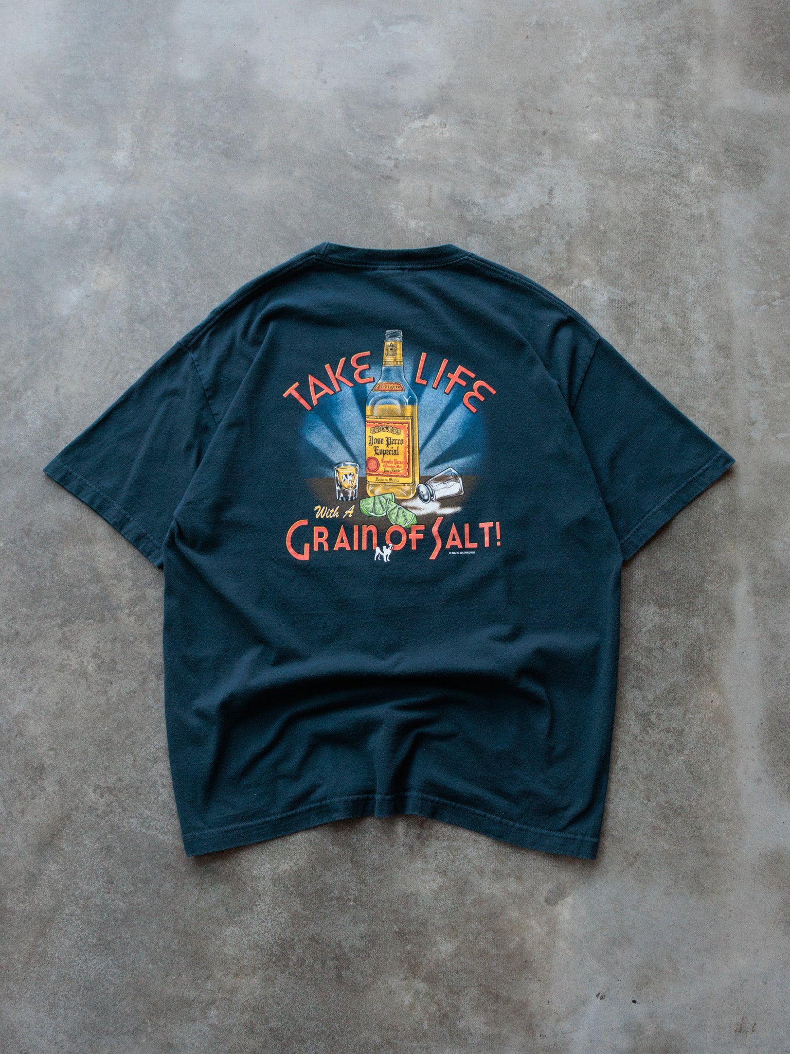 Vintage 2005 Navy Big Dog Sportswear Take Life With A Grain Of Salt Tee (-)
