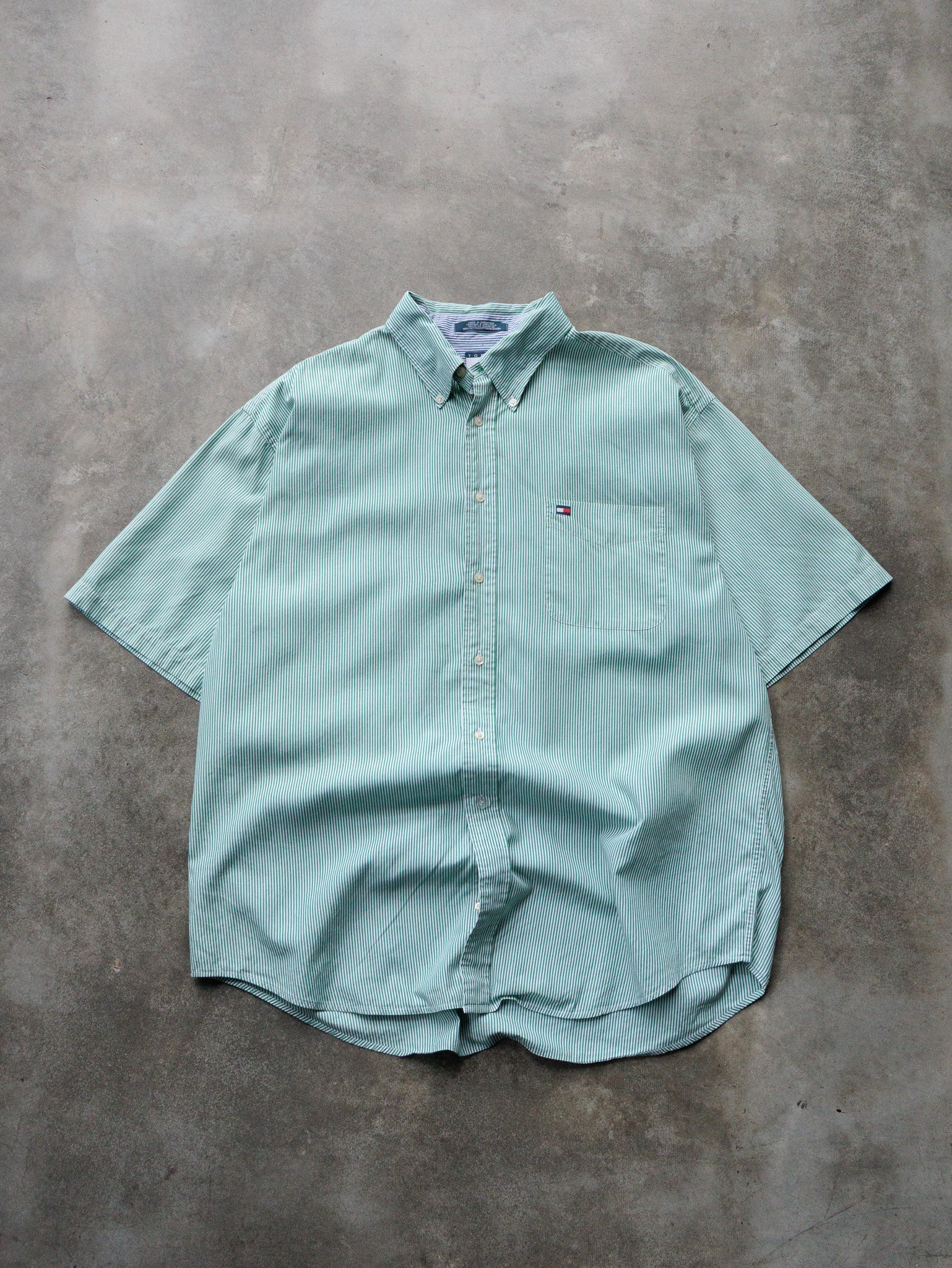 Vintage 90s Green Striped Tommy Hilfiger Short Sleeve Shirt (XL)