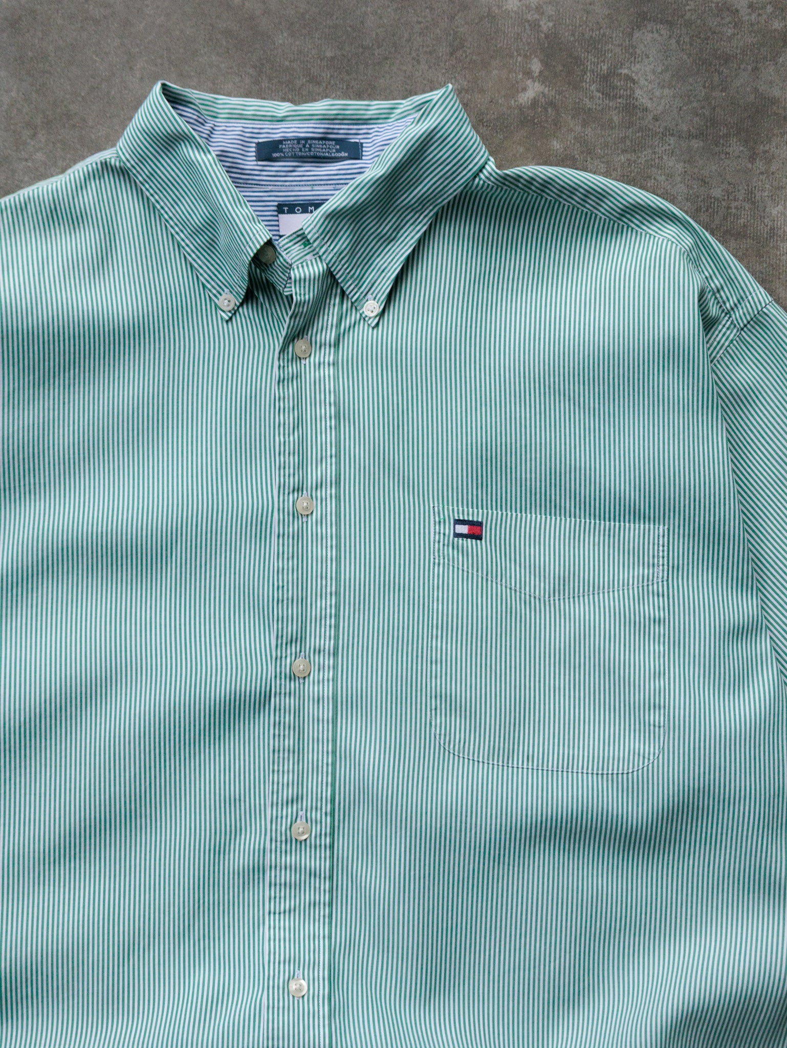 Vintage 90s Green Striped Tommy Hilfiger Short Sleeve Shirt (XL)