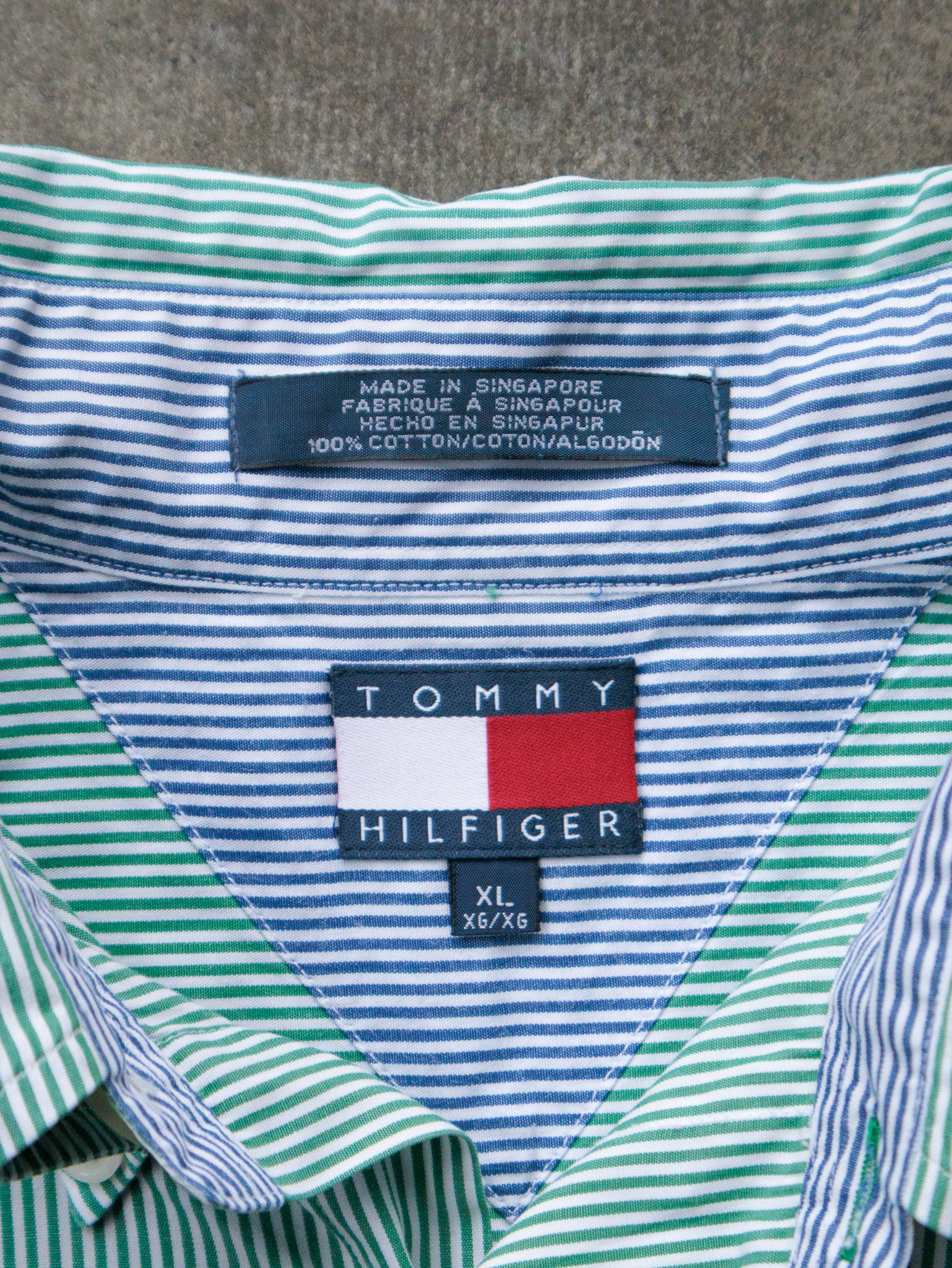 Vintage 90s Green Striped Tommy Hilfiger Short Sleeve Shirt (XL)