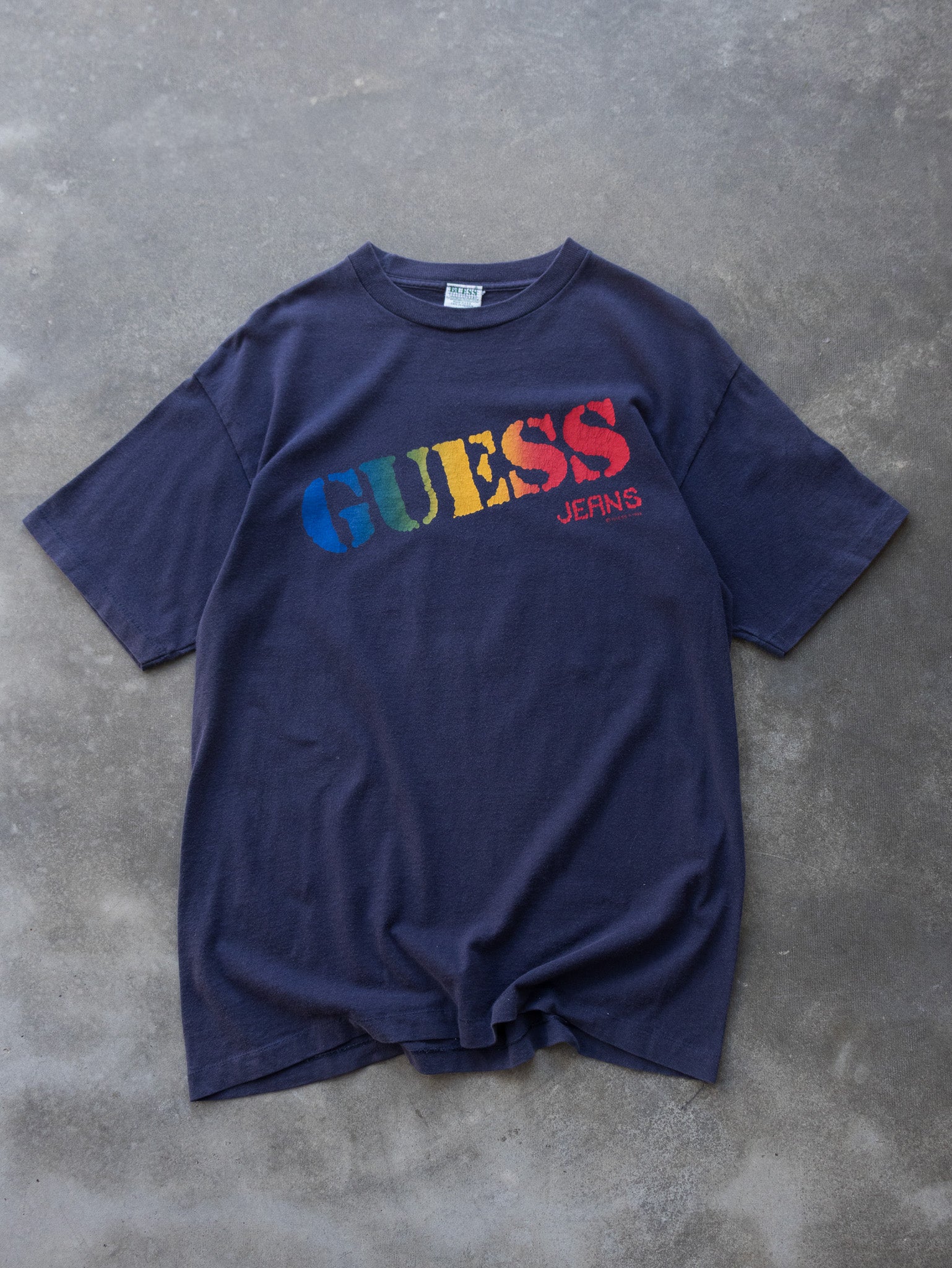Vintage 1993 Navy Guess Jeans Rainbow Logo Tee (M)