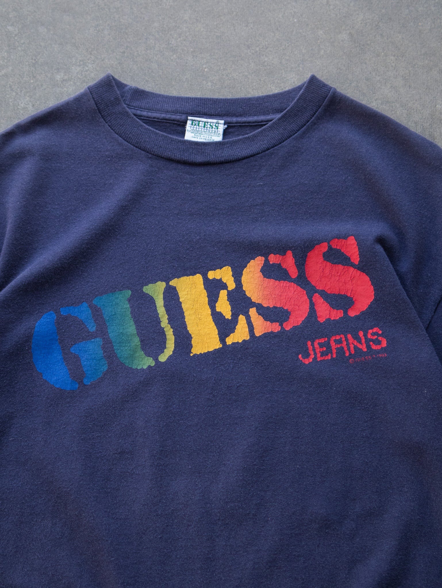 Vintage 1993 Navy Guess Jeans Rainbow Logo Tee (M)