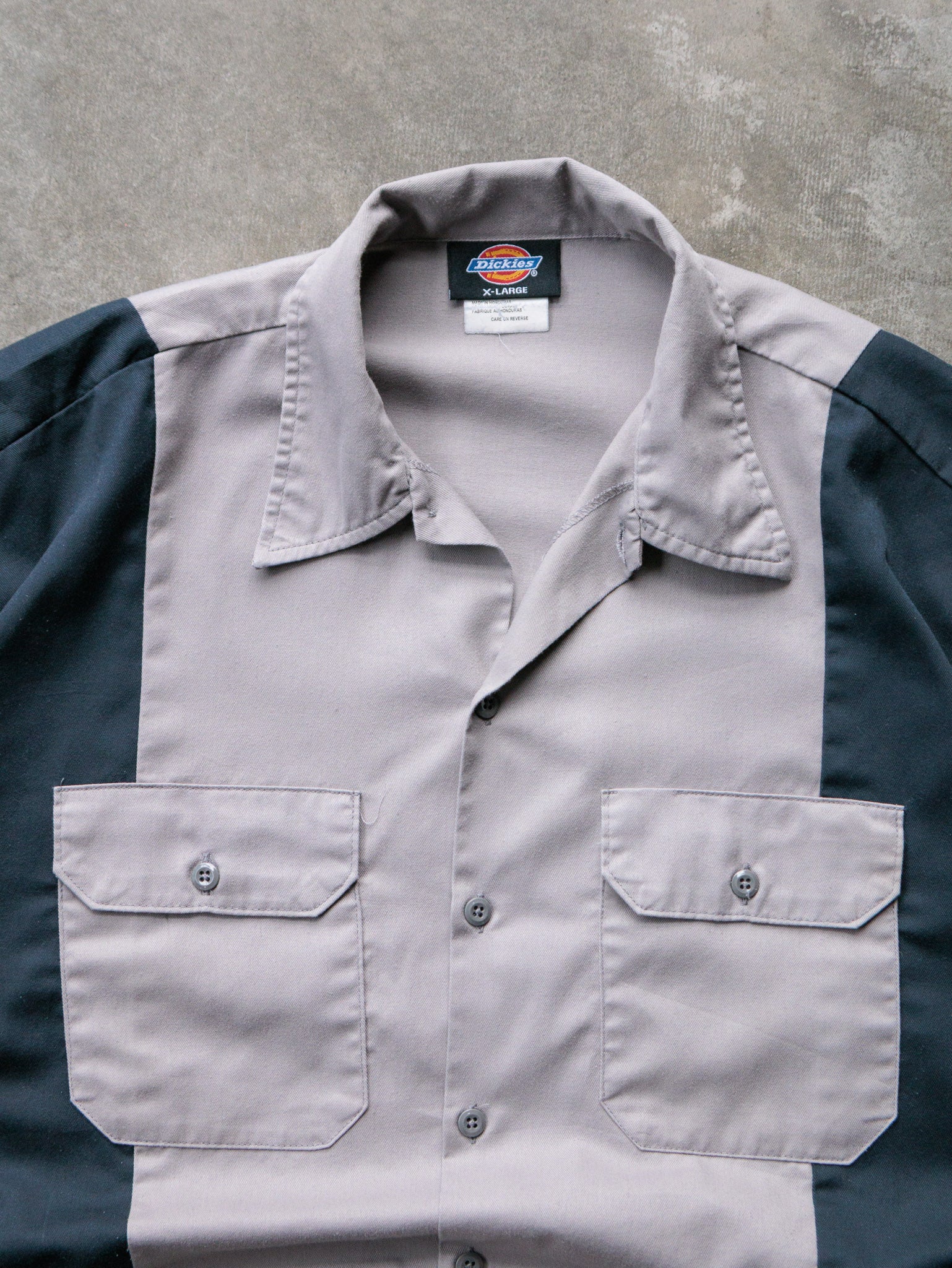 Vintage Grey & Navy Dickies Cropped Work Shirt (XL)