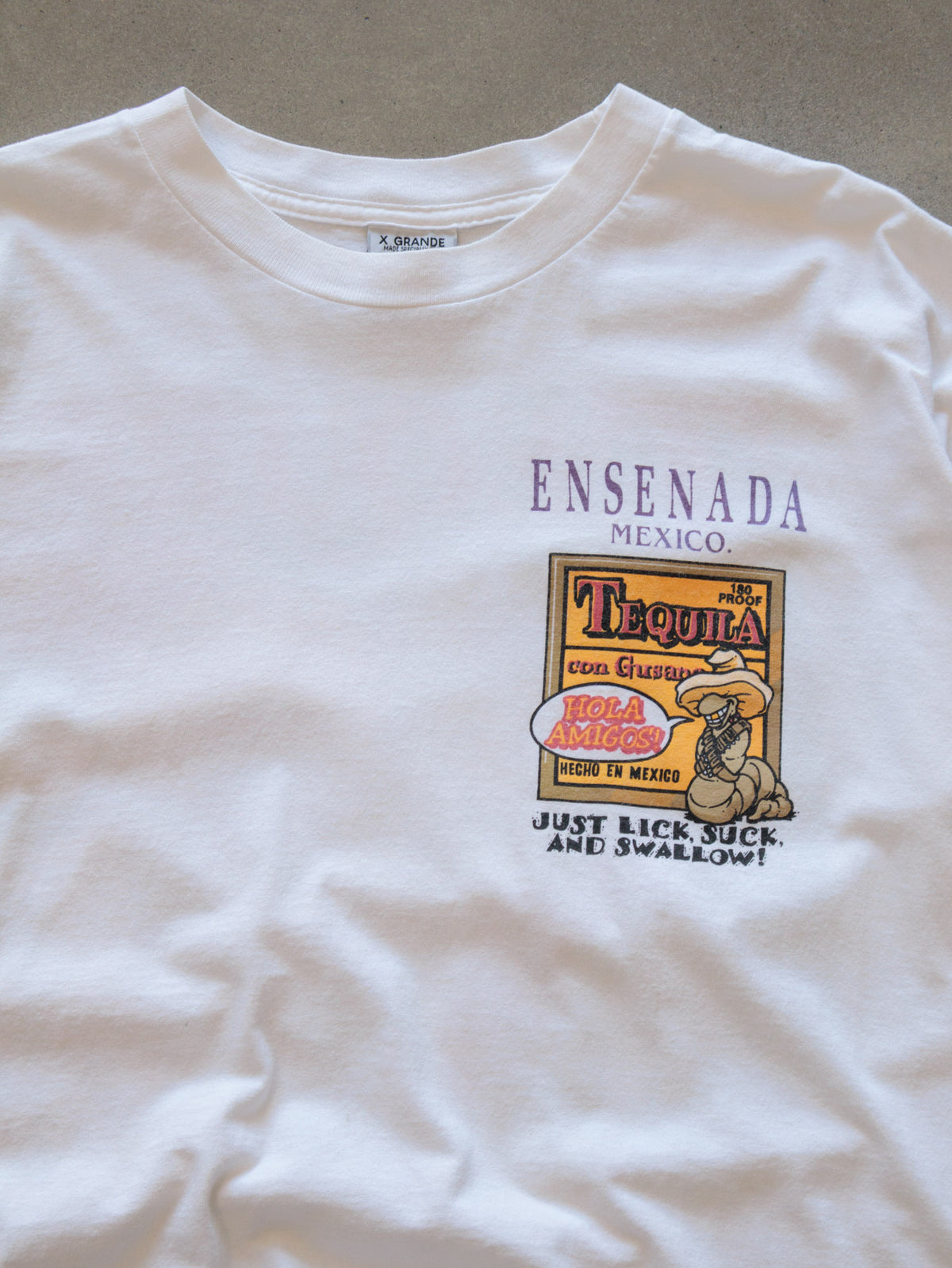Vintage 90s White Ensenada Mexico Tequila Slogan Tee (XL)