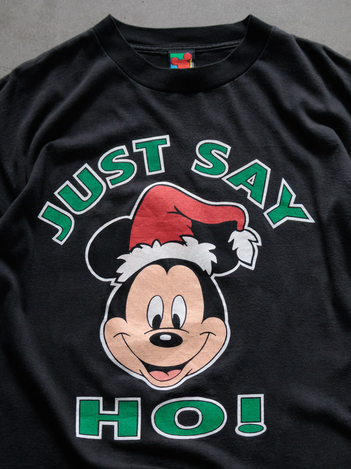 Vintage 90s Black Disney Mickey Mouse Just Say Ho Slogan Tee (XL)